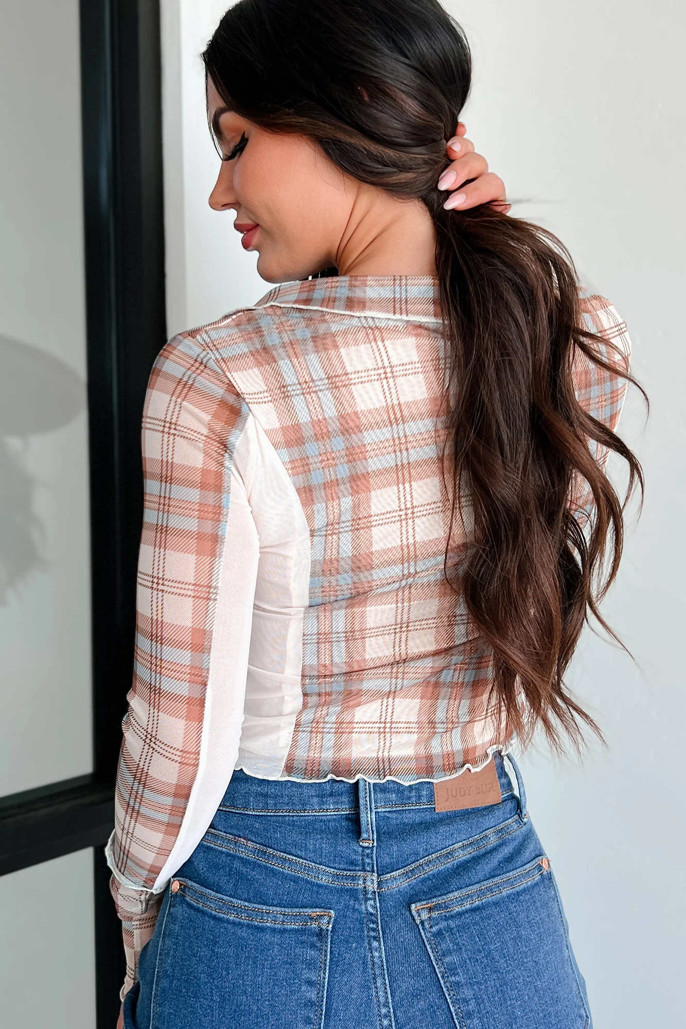 Syllabus Day Contrast Plaid Mesh Top (Taupe) - Image 5