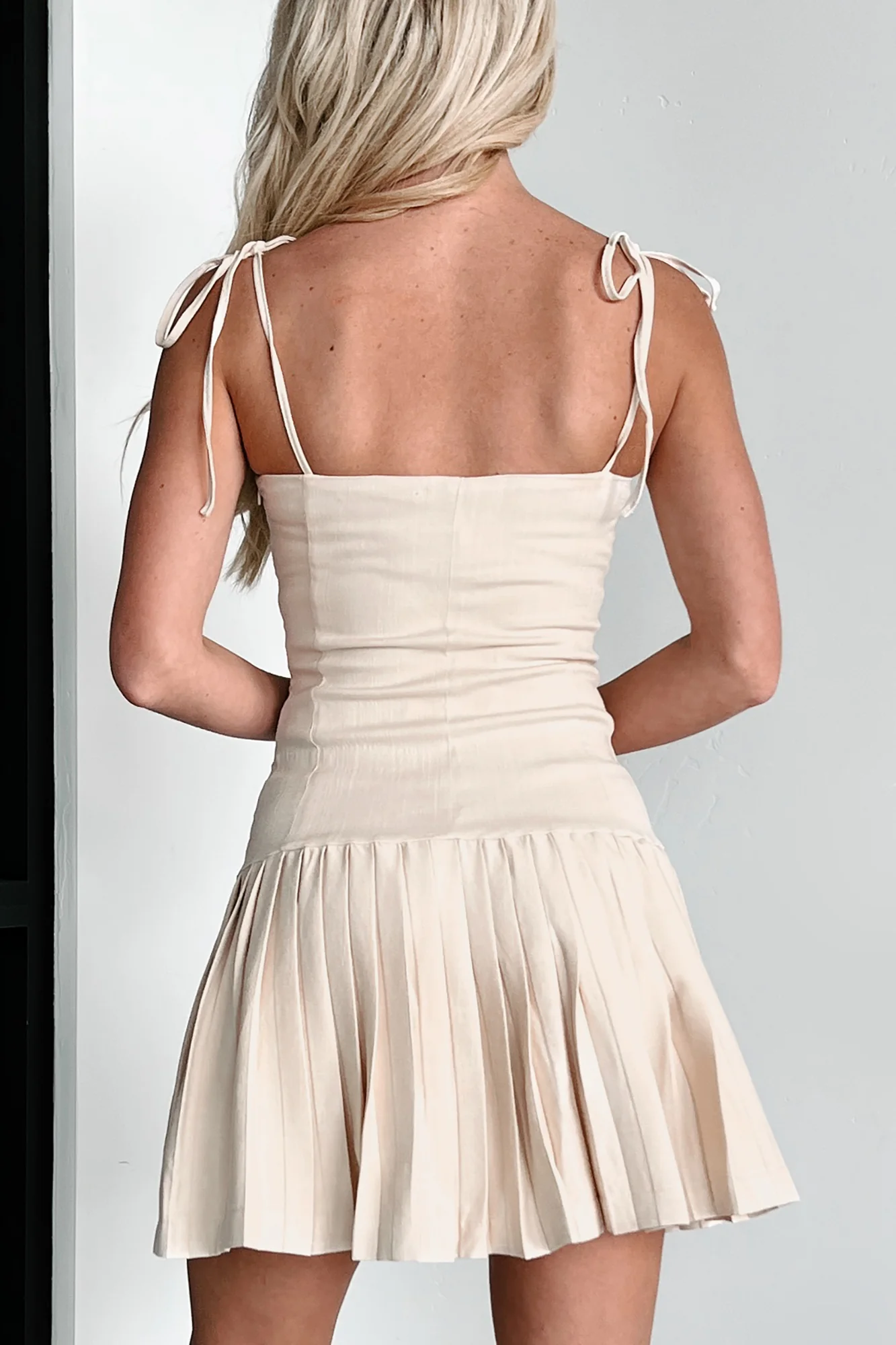 Take Me Away Pleated Hook & Eye Mini Dress (Oatmeal) - Image 4