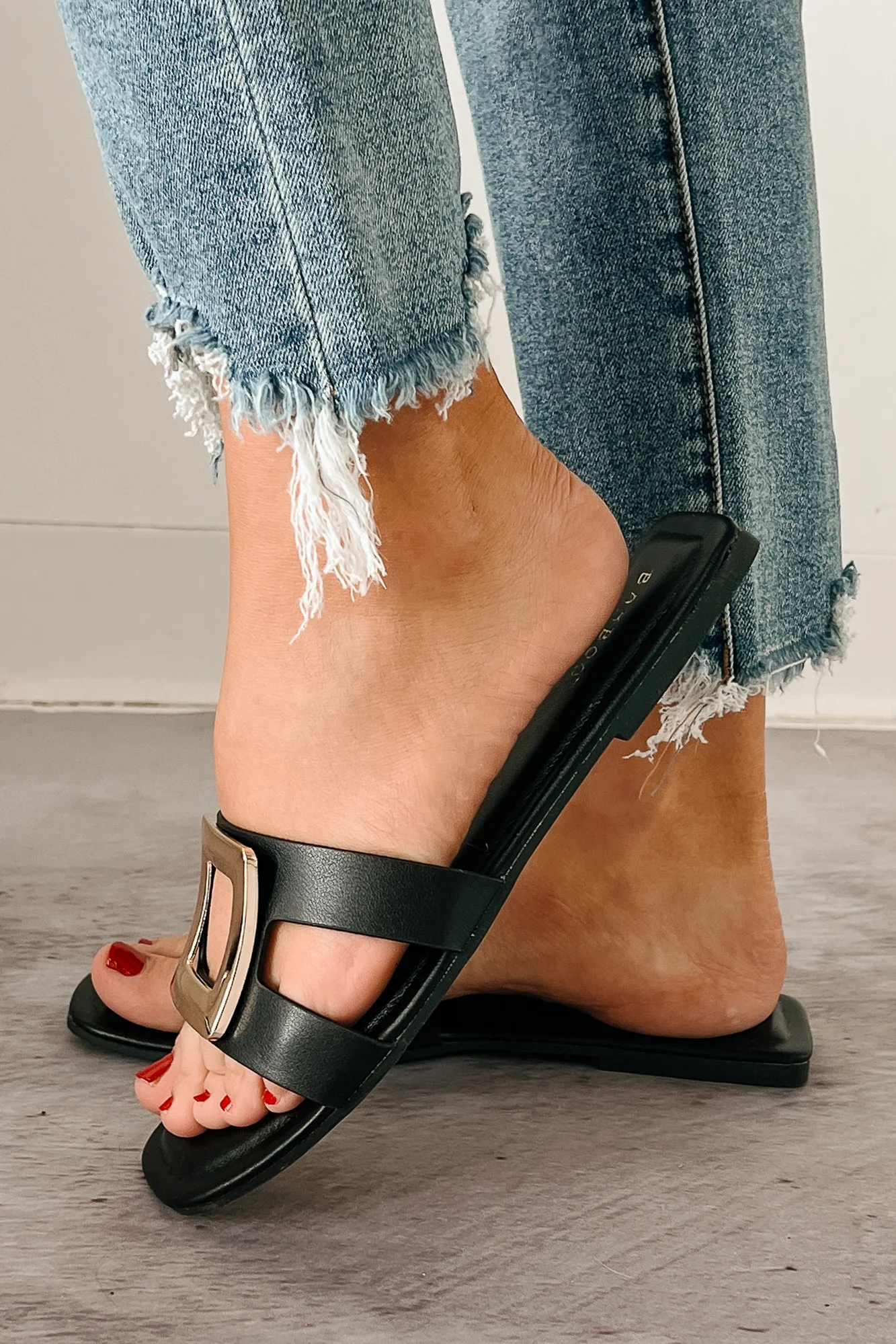 Talk Flirty Square Toe Gold Buckle Sandals (Black) - Image 4