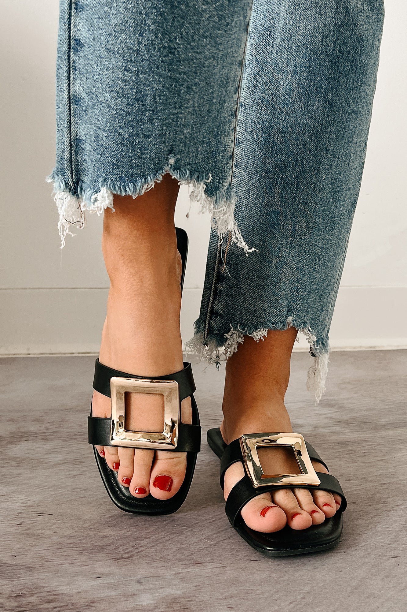 Talk Flirty Square Toe Gold Buckle Sandals (Black) - Image 5