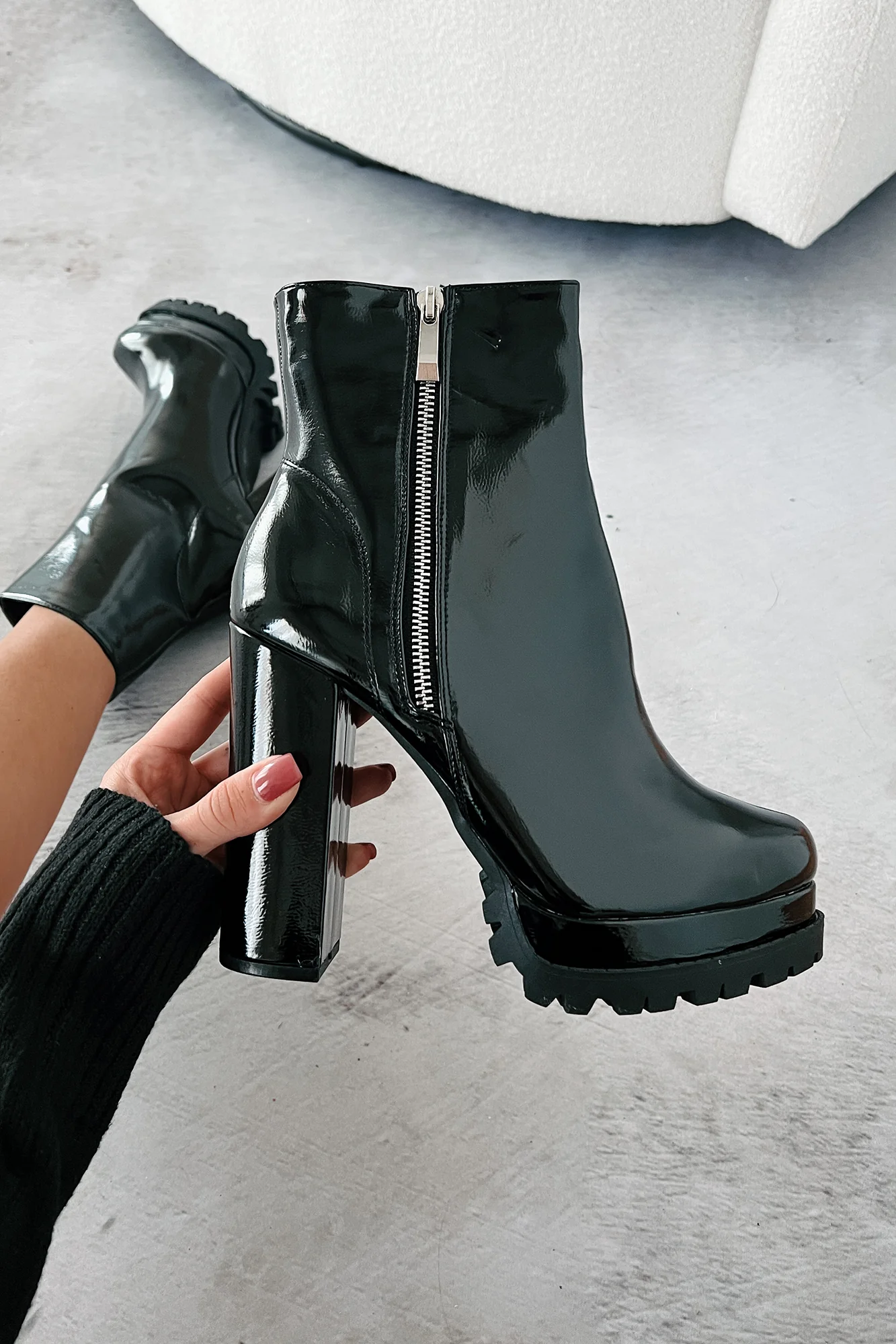 Tall Task Patent Leather Platform Booties (Black) - Image 2