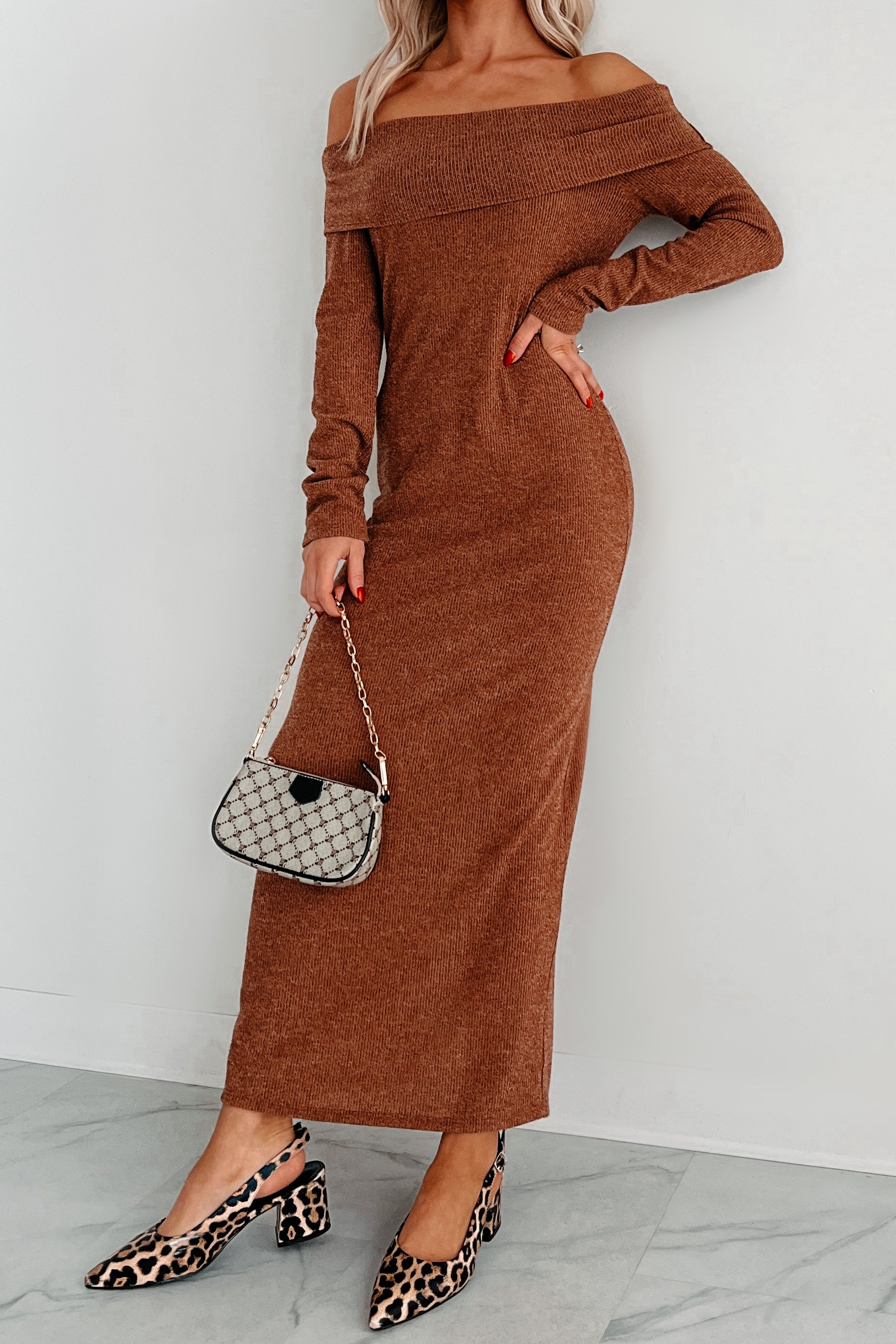 Tanya Off The Shoulder Sweater Maxi Dress (Brown) - Image 2