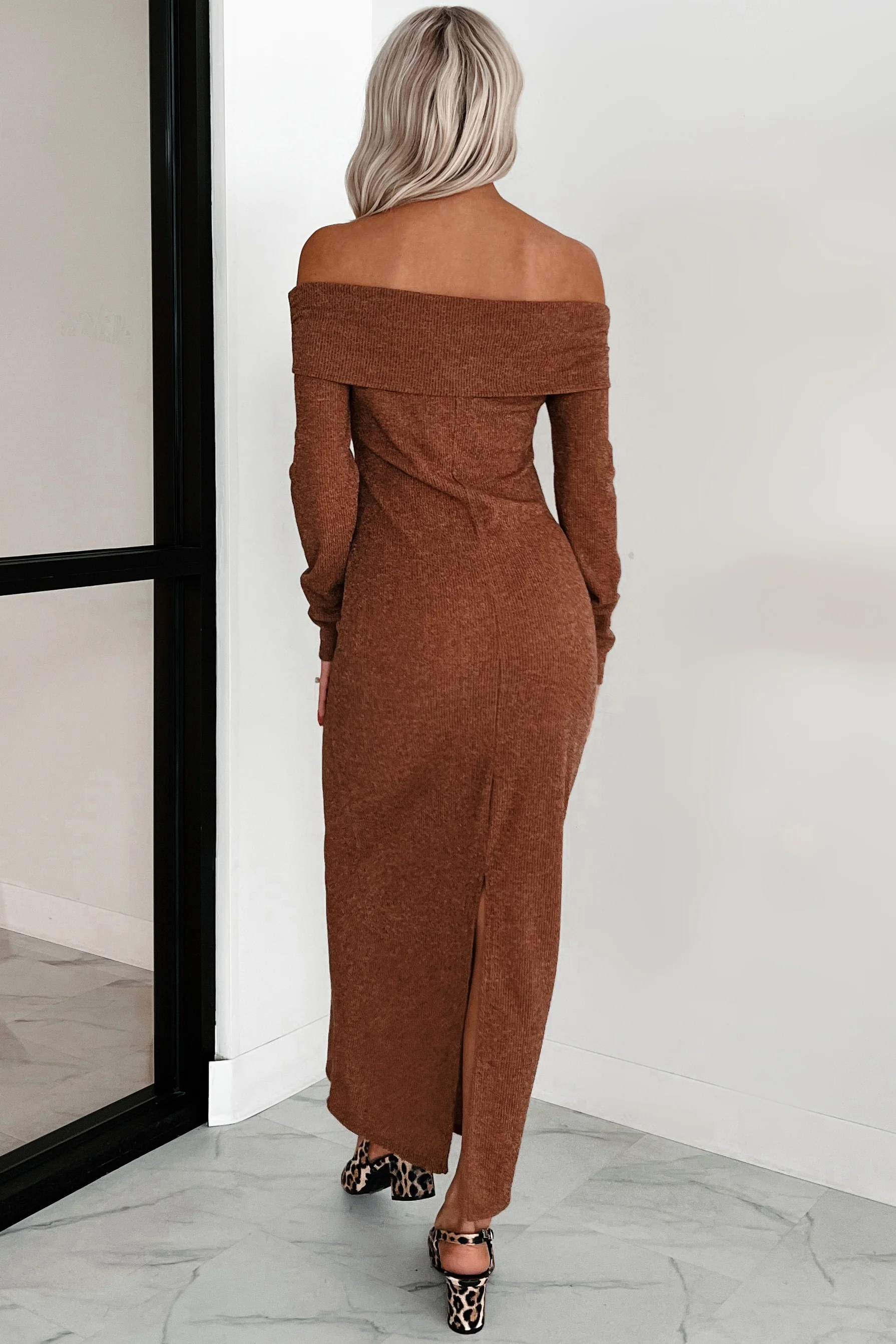 Tanya Off The Shoulder Sweater Maxi Dress (Brown) - Image 5
