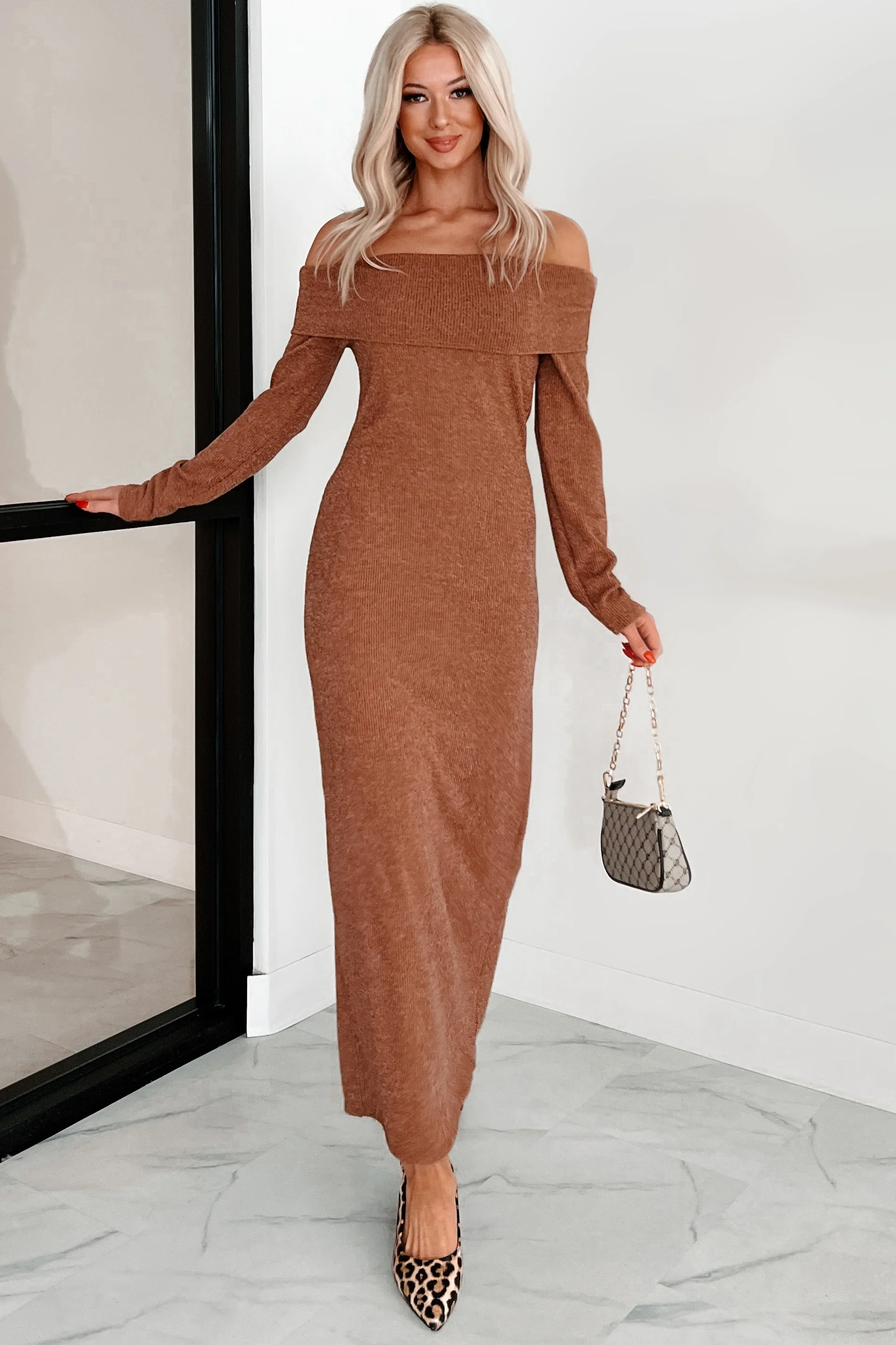 Tanya Off The Shoulder Sweater Maxi Dress (Brown) - Image 6