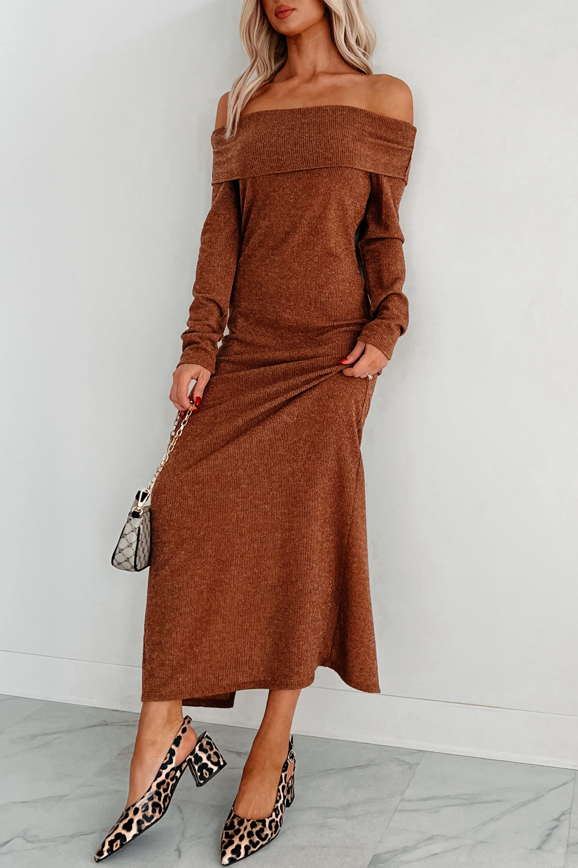 Tanya Off The Shoulder Sweater Maxi Dress (Brown) - Image 8