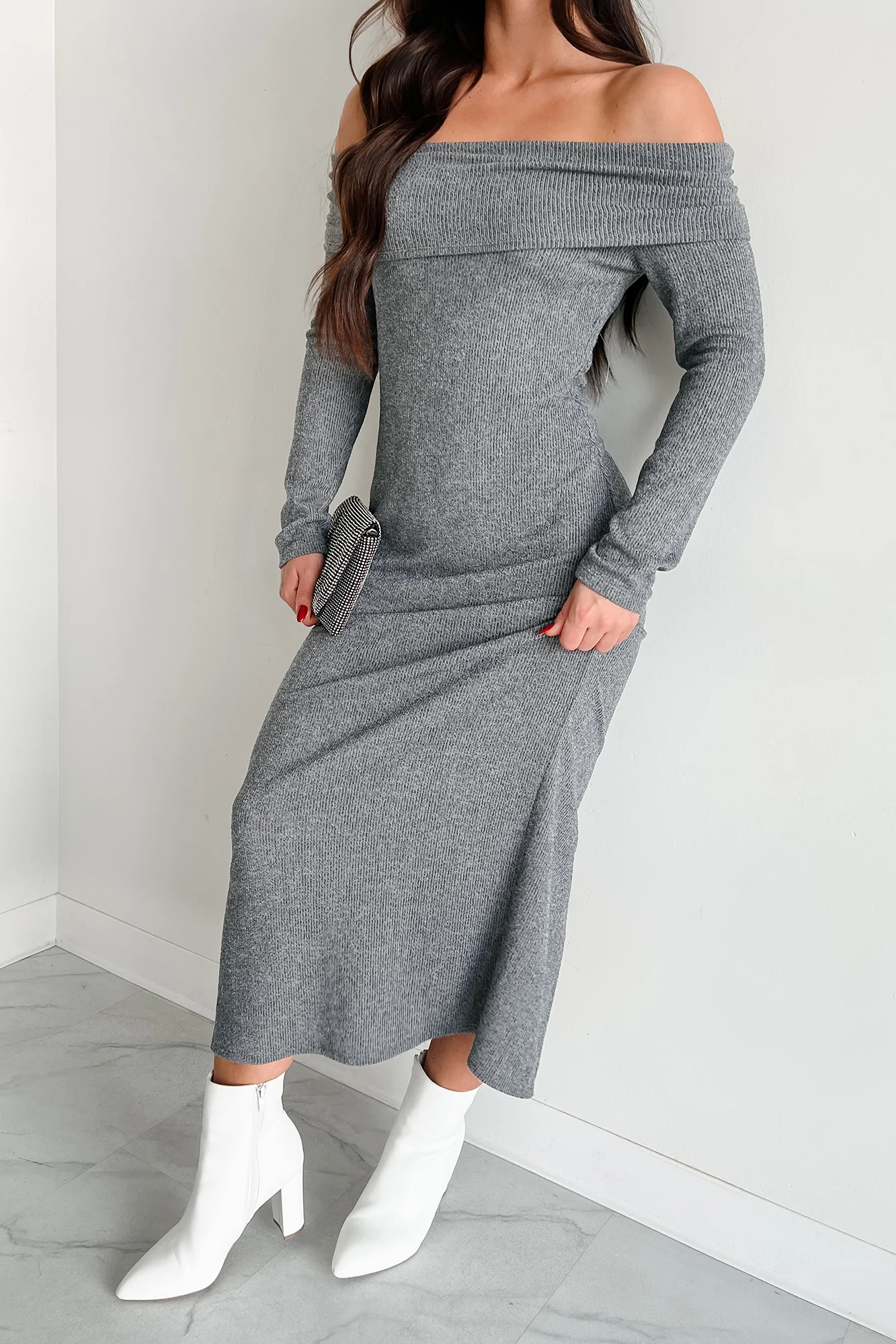 Tanya Off The Shoulder Sweater Maxi Dress (Heather Grey) - Image 6