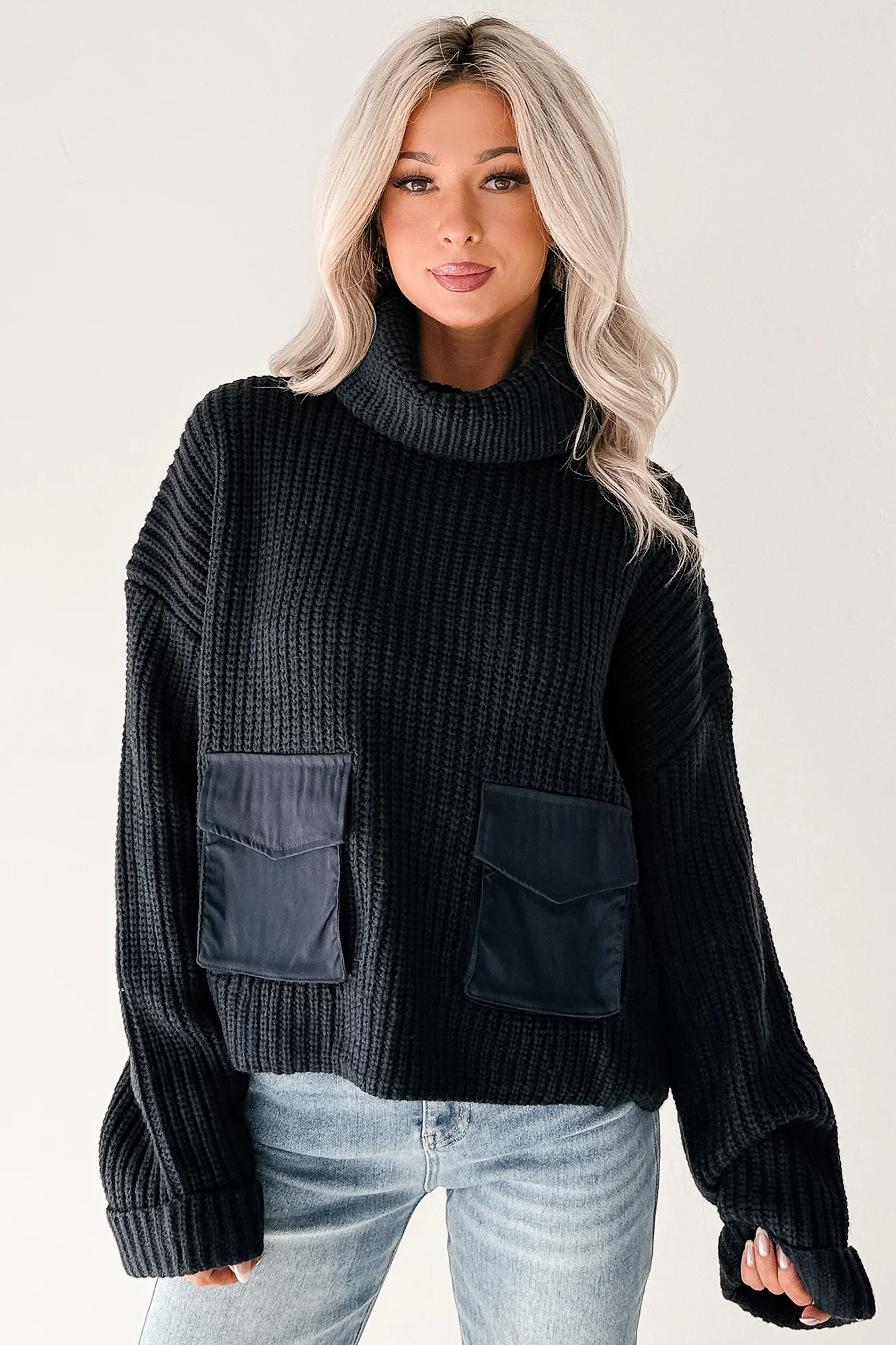 Tell Me Everything Cowl Neck Cargo Sweater (Dark Navy) - Image 2