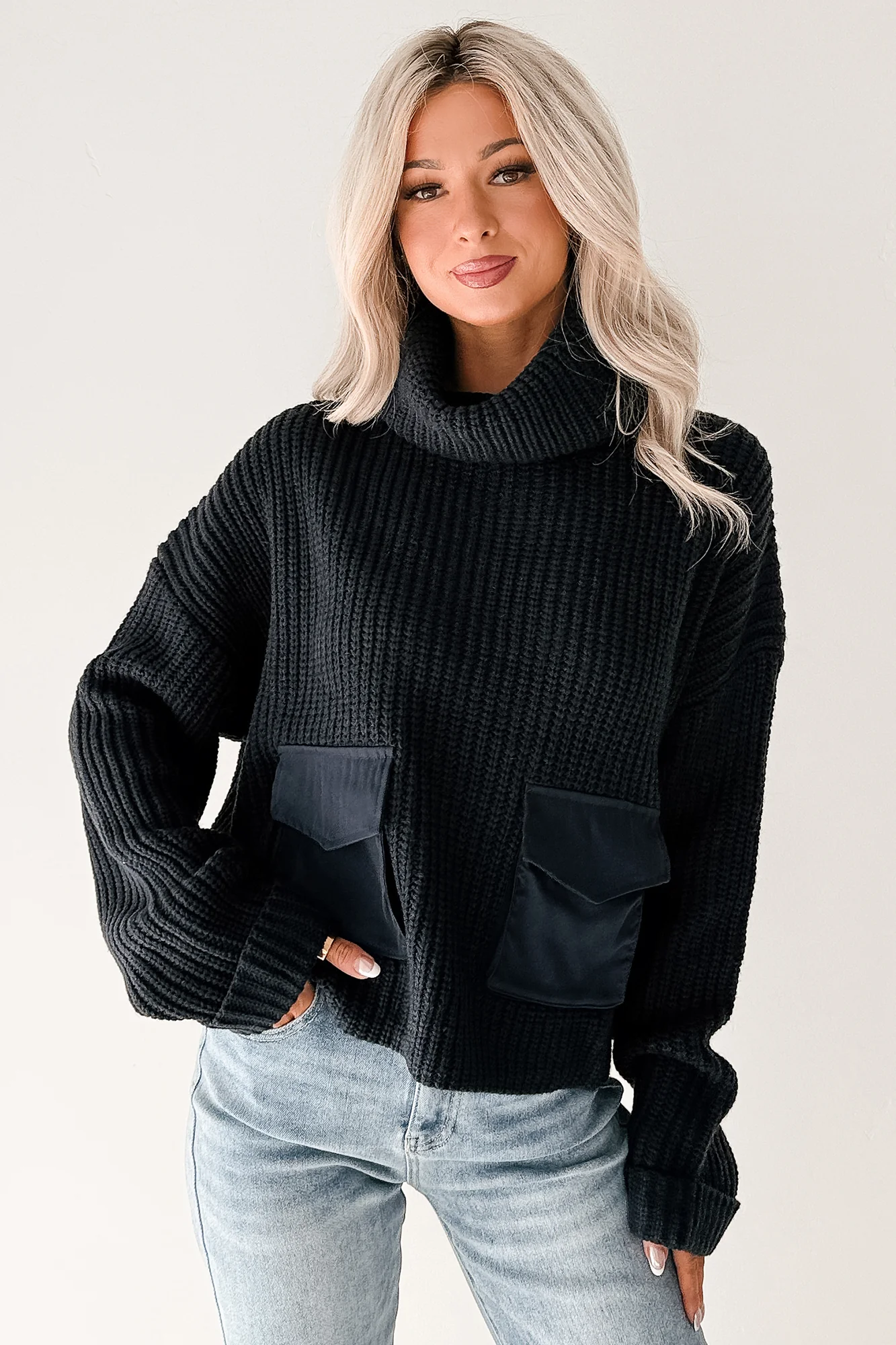 Tell Me Everything Cowl Neck Cargo Sweater (Dark Navy) - Image 4