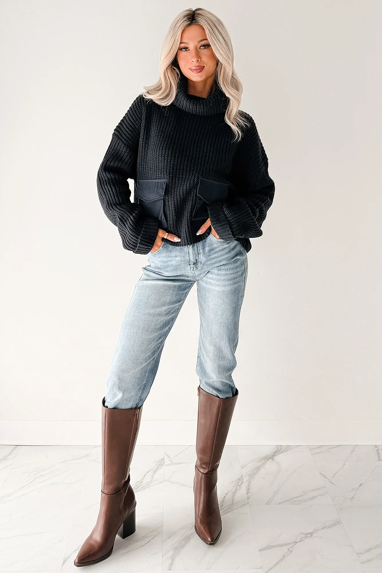 Tell Me Everything Cowl Neck Cargo Sweater (Dark Navy) - Image 5