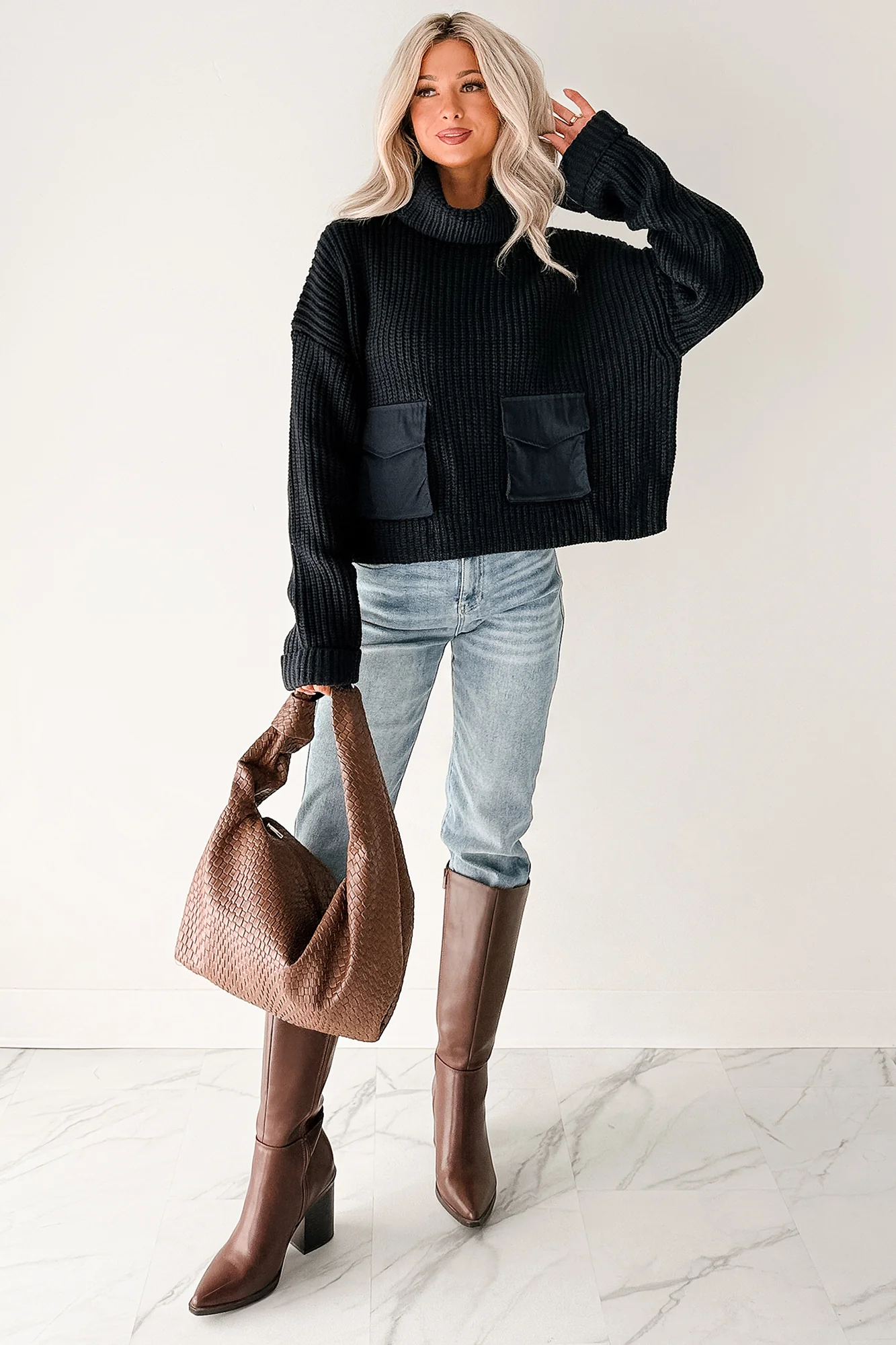 Tell Me Everything Cowl Neck Cargo Sweater (Dark Navy) - Image 7