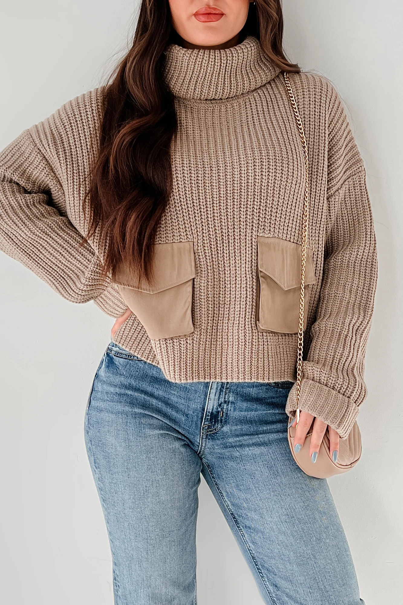 Tell Me Everything Cowl Neck Cargo Sweater (Taupe) - Image 3