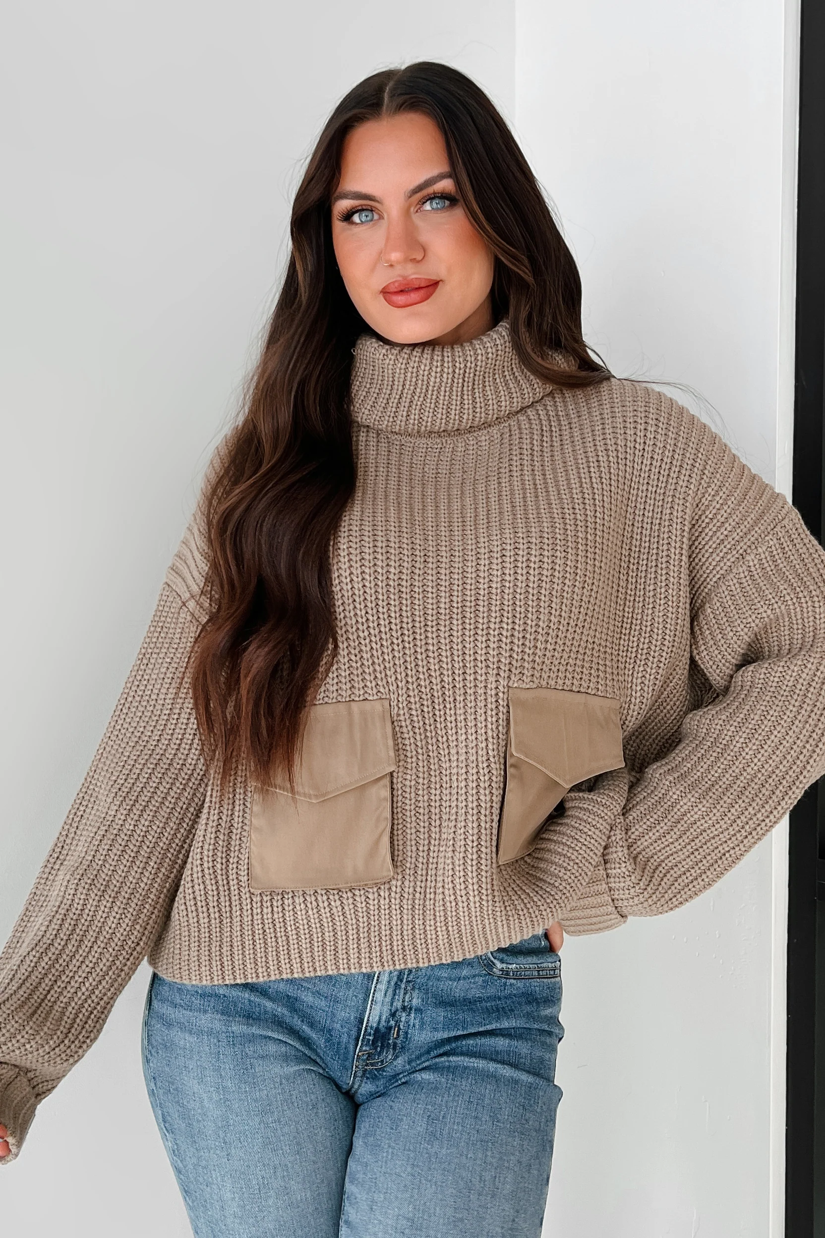 Tell Me Everything Cowl Neck Cargo Sweater (Taupe) - Image 5