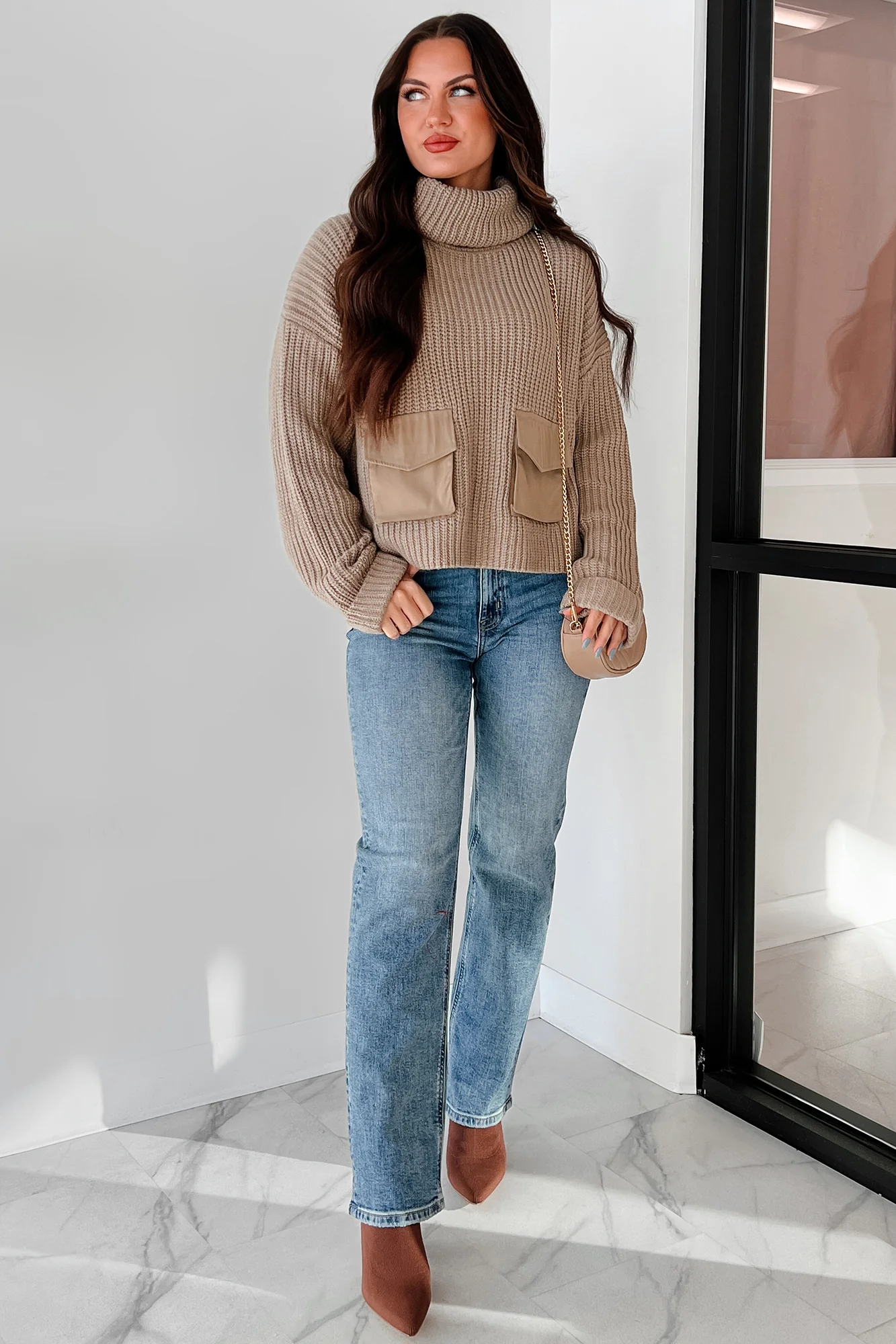 Tell Me Everything Cowl Neck Cargo Sweater (Taupe) - Image 6