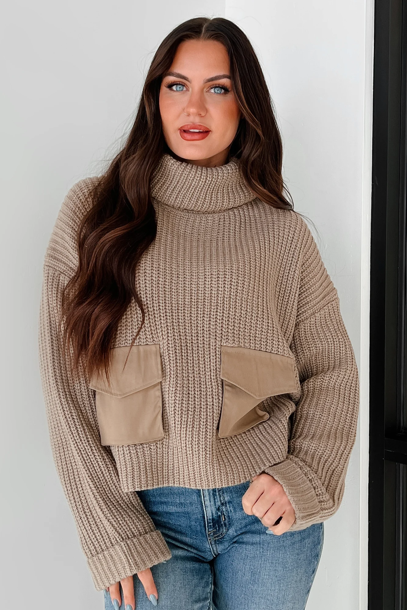 Tell Me Everything Cowl Neck Cargo Sweater (Taupe) - Image 7