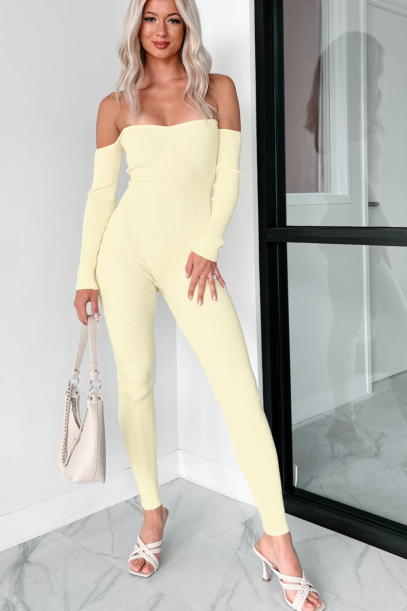 Telling Secrets Off The Shoulder Ribbed Catsuit (Yellow) - Image 3