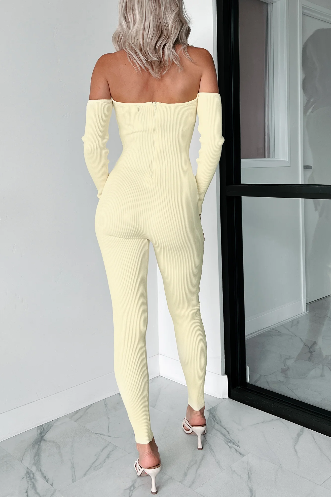 Telling Secrets Off The Shoulder Ribbed Catsuit (Yellow) - Image 4