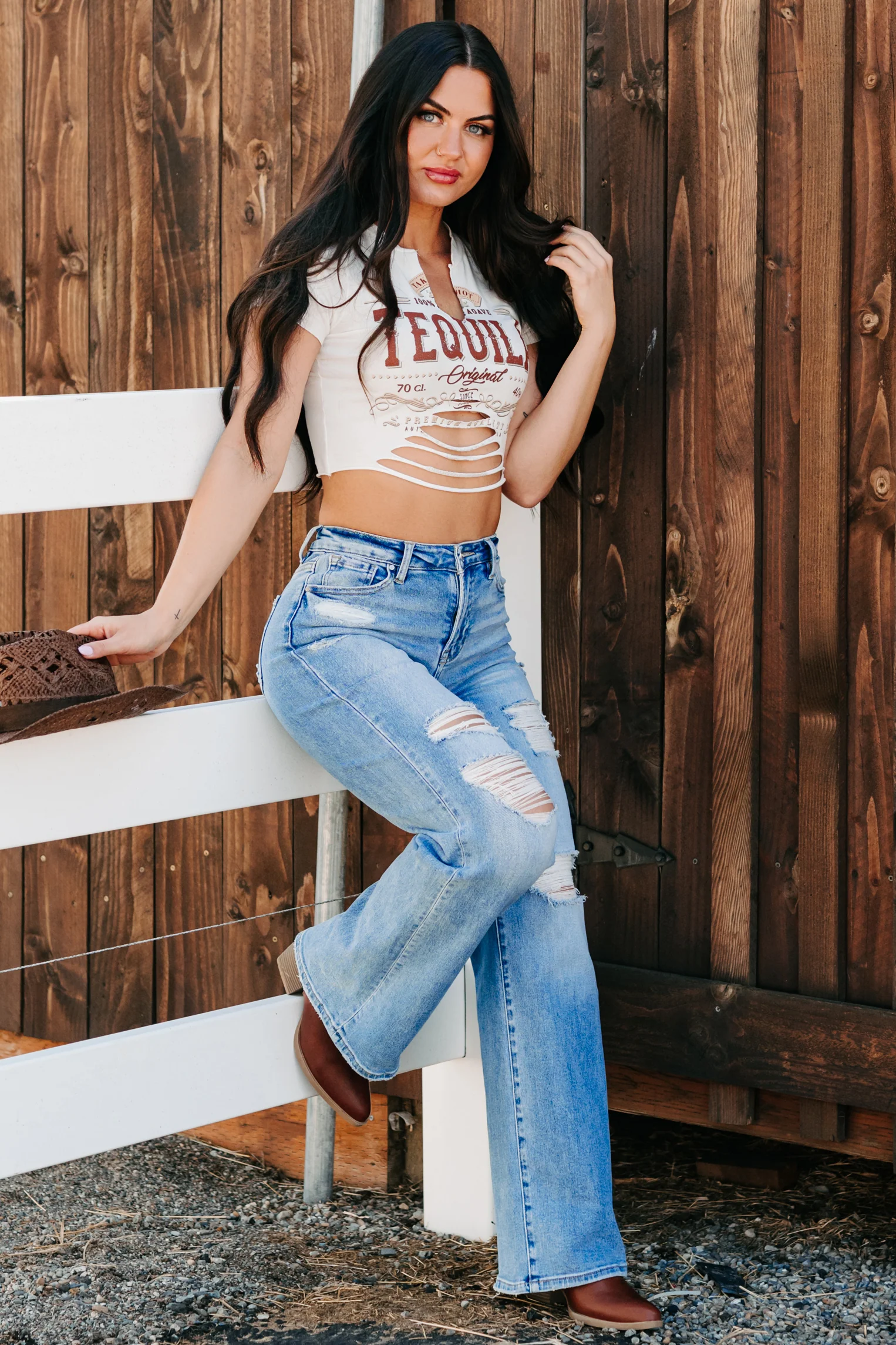 "Tequila Original" Distressed Graphic Crop Tee (Ivory) - Image 3