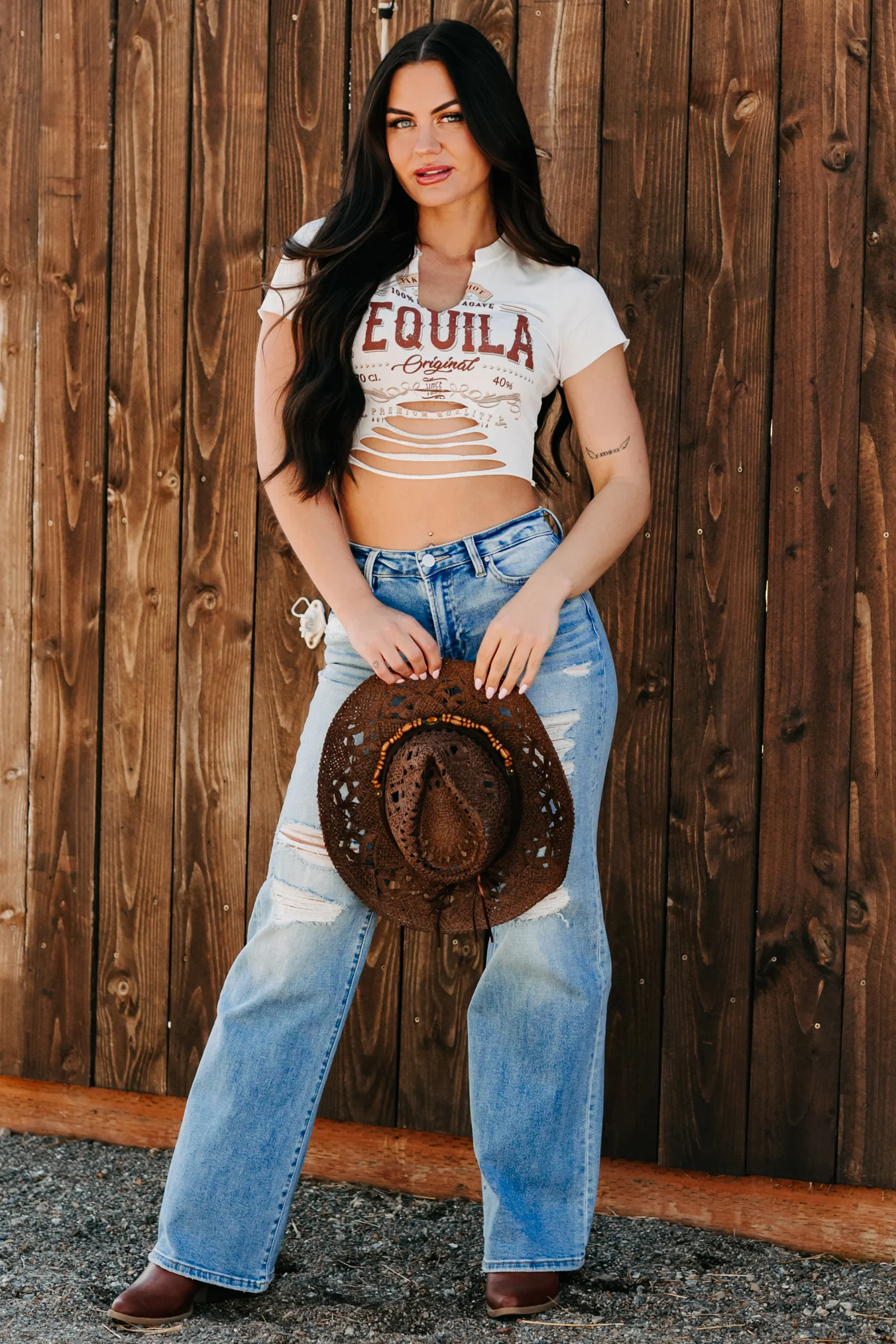 "Tequila Original" Distressed Graphic Crop Tee (Ivory) - Image 6