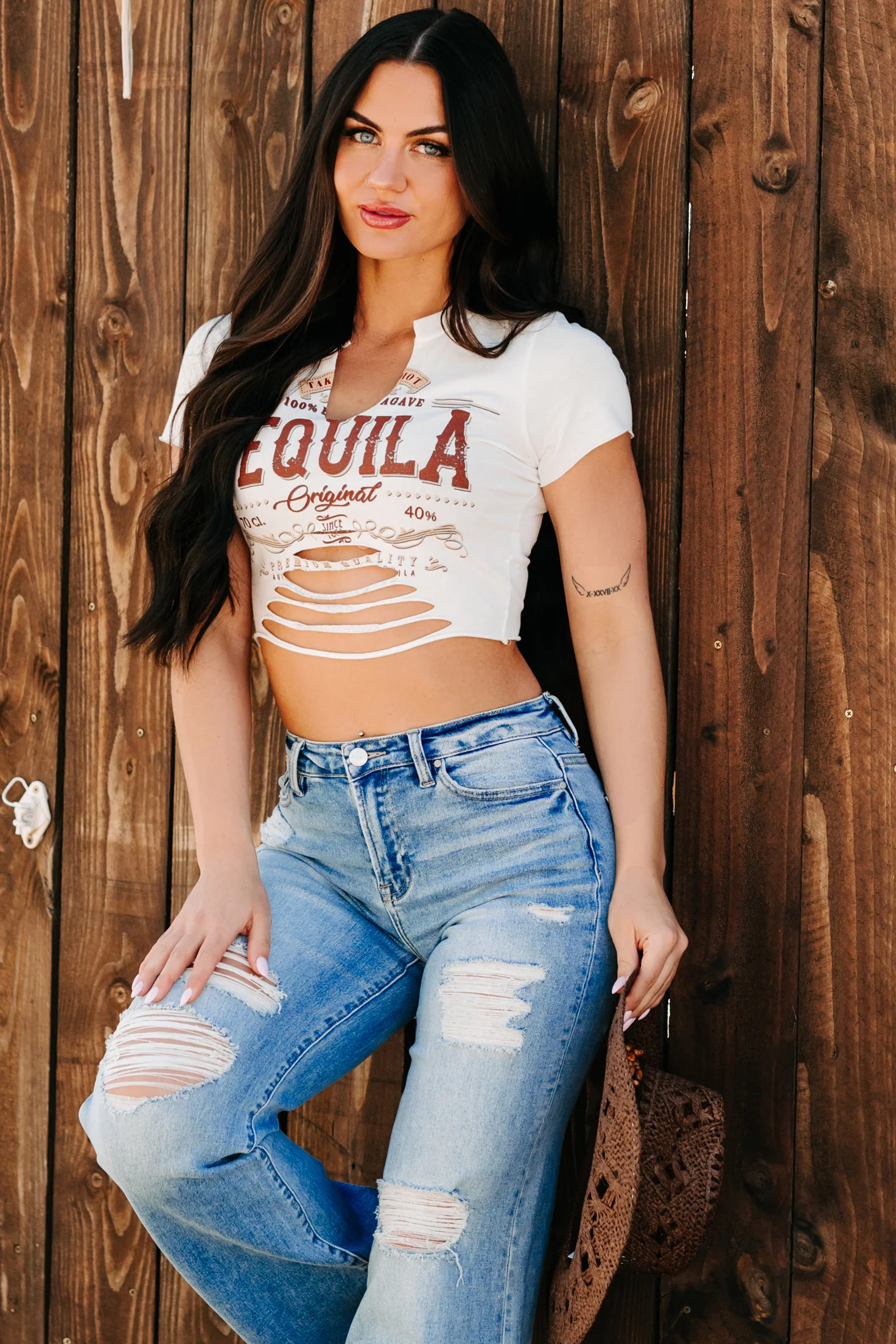"Tequila Original" Distressed Graphic Crop Tee (Ivory) - Image 8