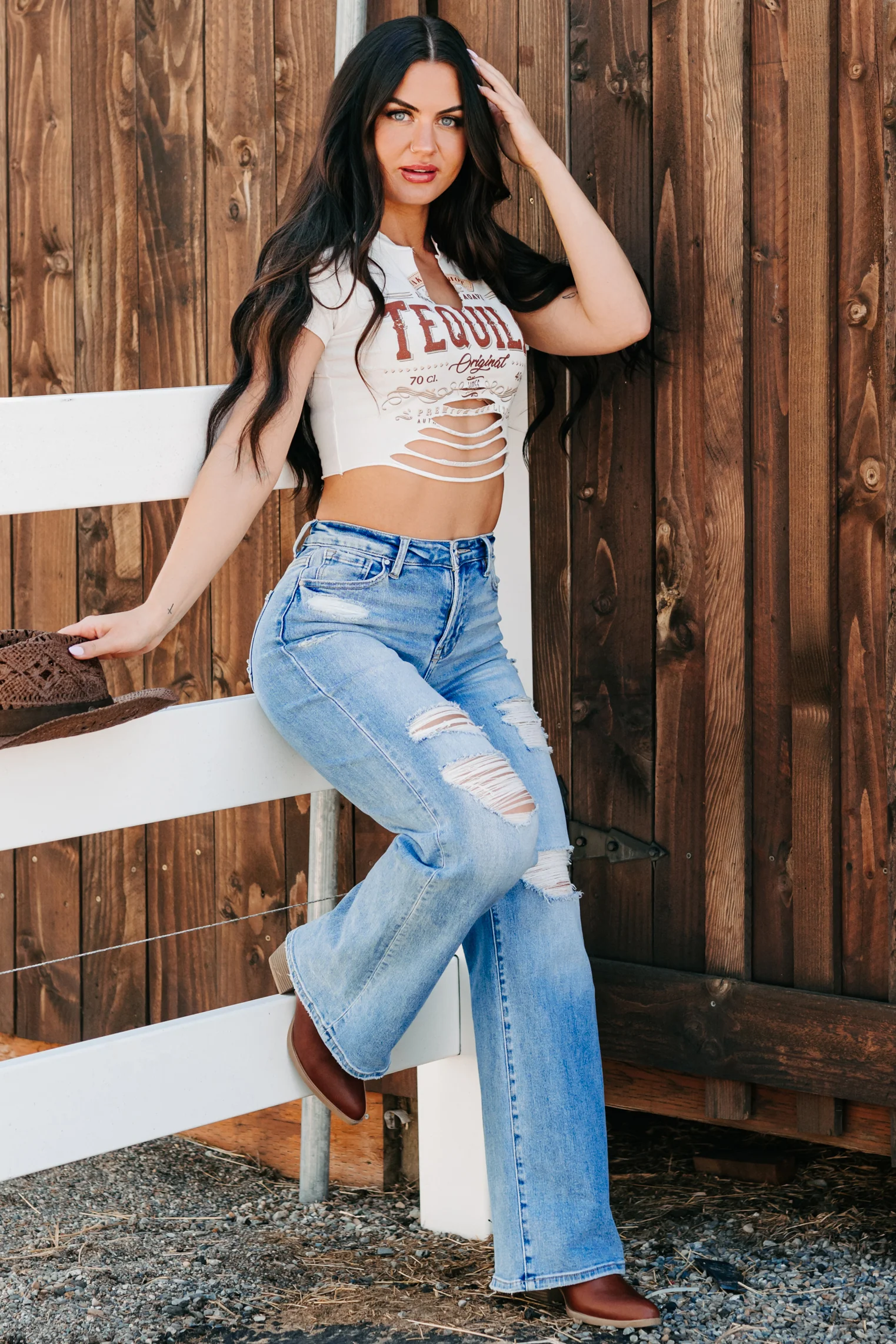 "Tequila Original" Distressed Graphic Crop Tee (Ivory) - Image 9