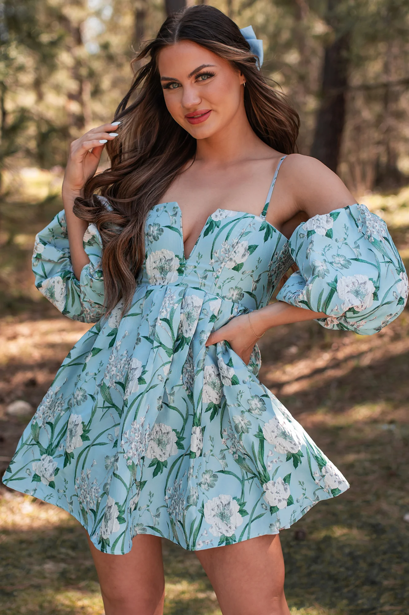 The Beauty Within Off The Shoulder Floral Mini Dress (Aqua Blue) - Image 4