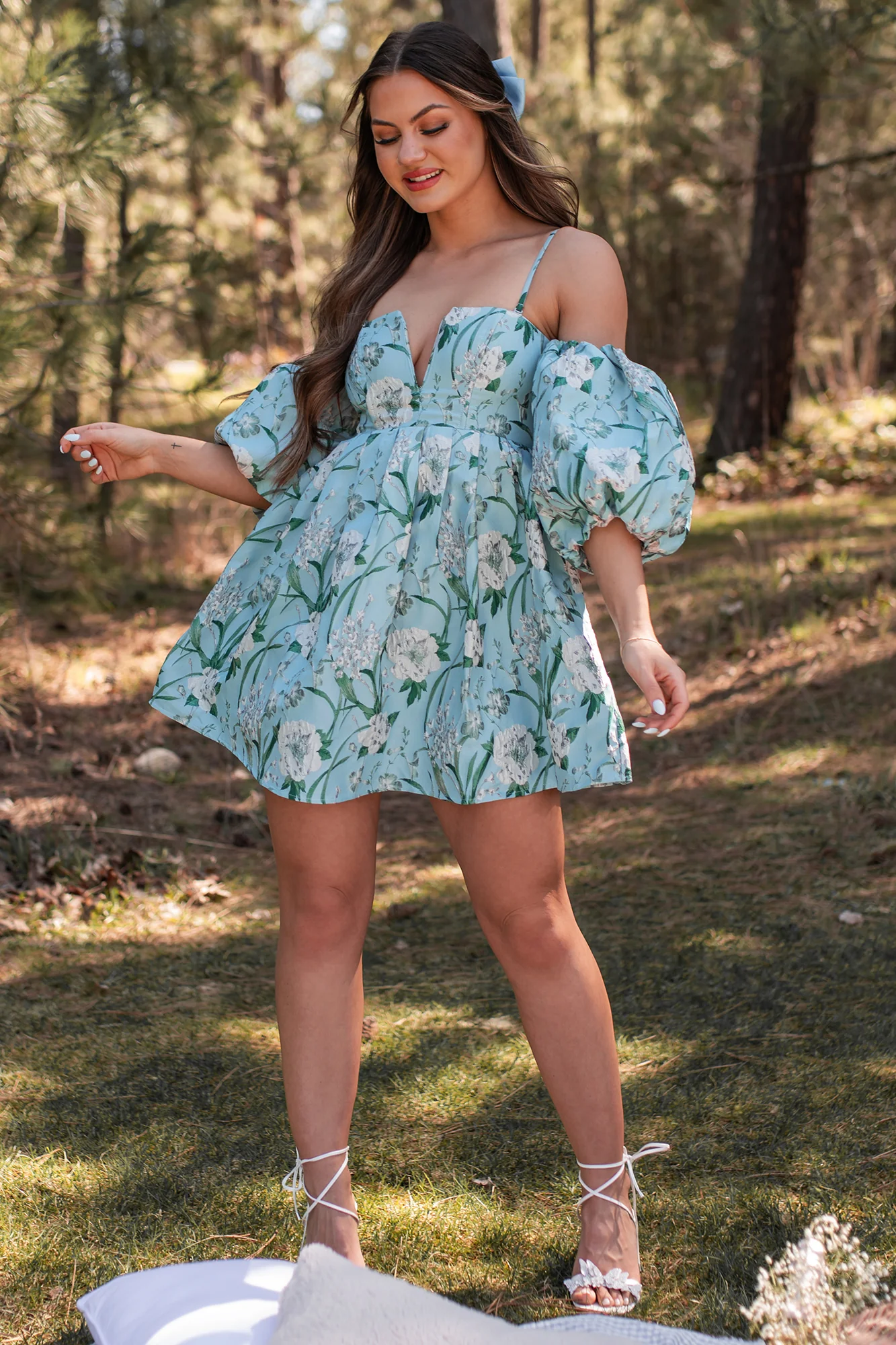 The Beauty Within Off The Shoulder Floral Mini Dress (Aqua Blue) - Image 5