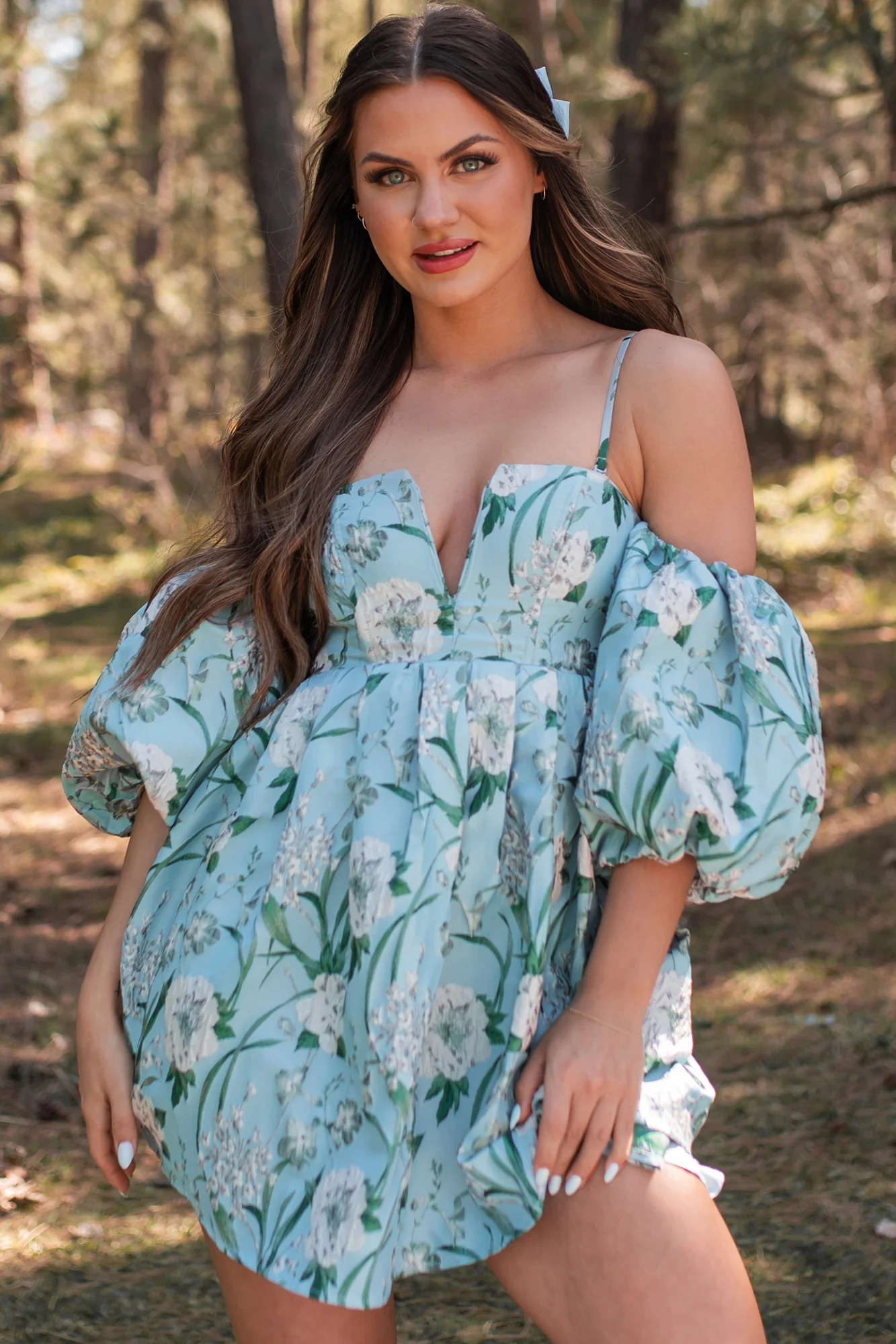 The Beauty Within Off The Shoulder Floral Mini Dress (Aqua Blue) - Image 6