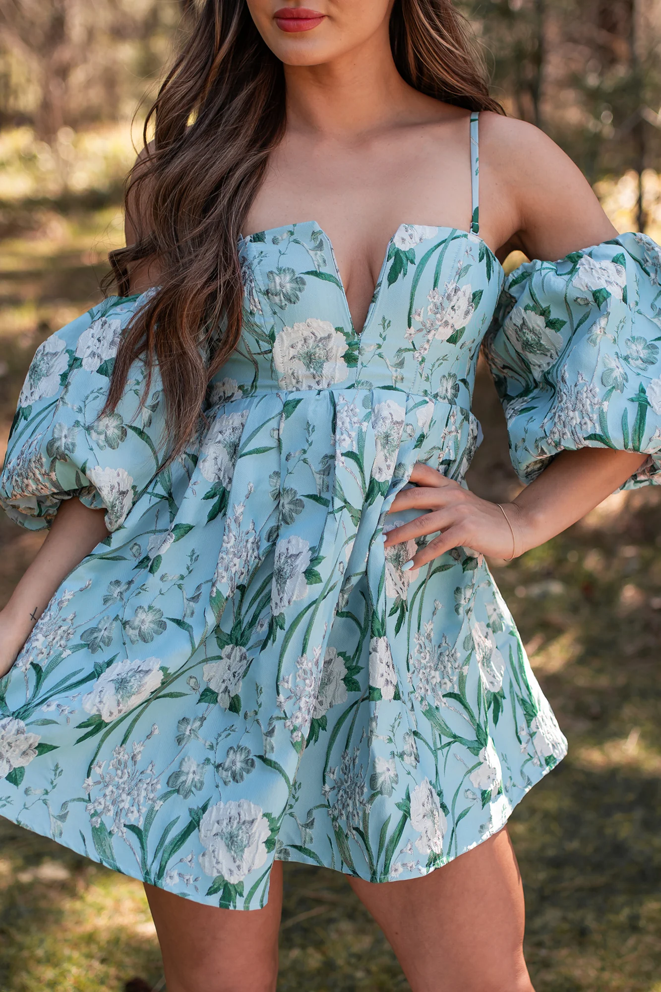 The Beauty Within Off The Shoulder Floral Mini Dress (Aqua Blue) - Image 7