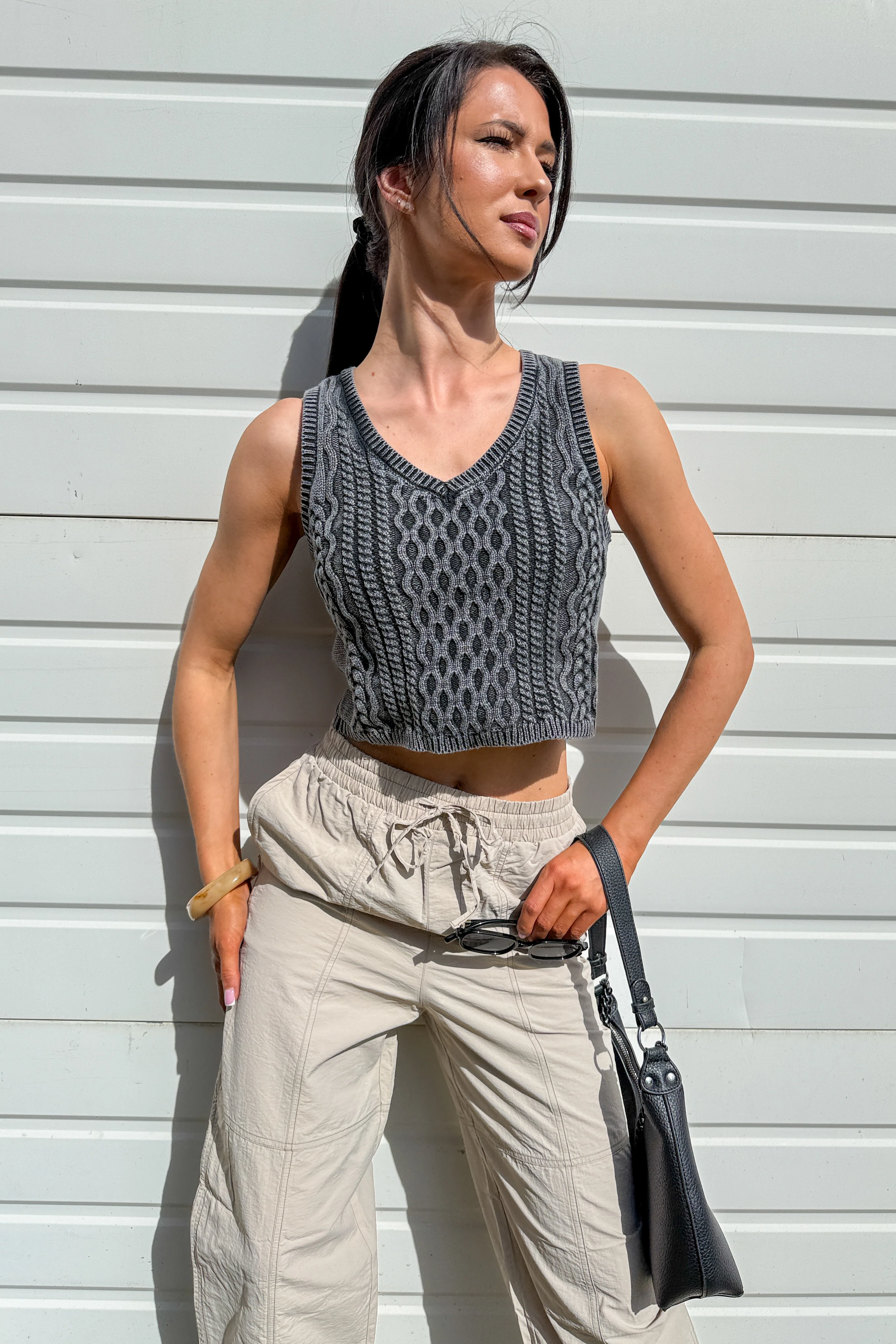 The Comfort Edit Cable Knit Cotton Crop Tank Top (Washed Grey) - Image 2