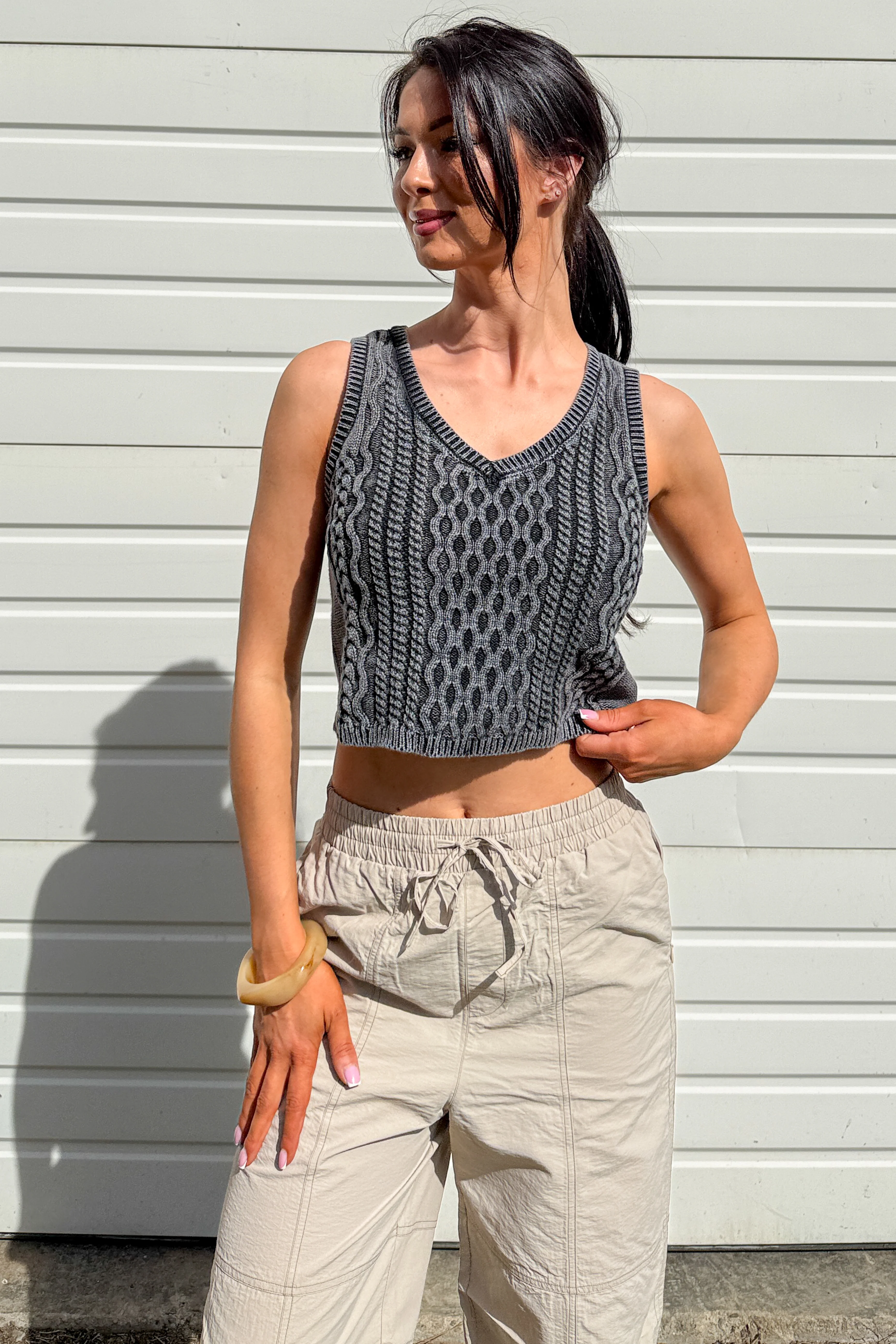 The Comfort Edit Cable Knit Cotton Crop Tank Top (Washed Grey) - Image 3