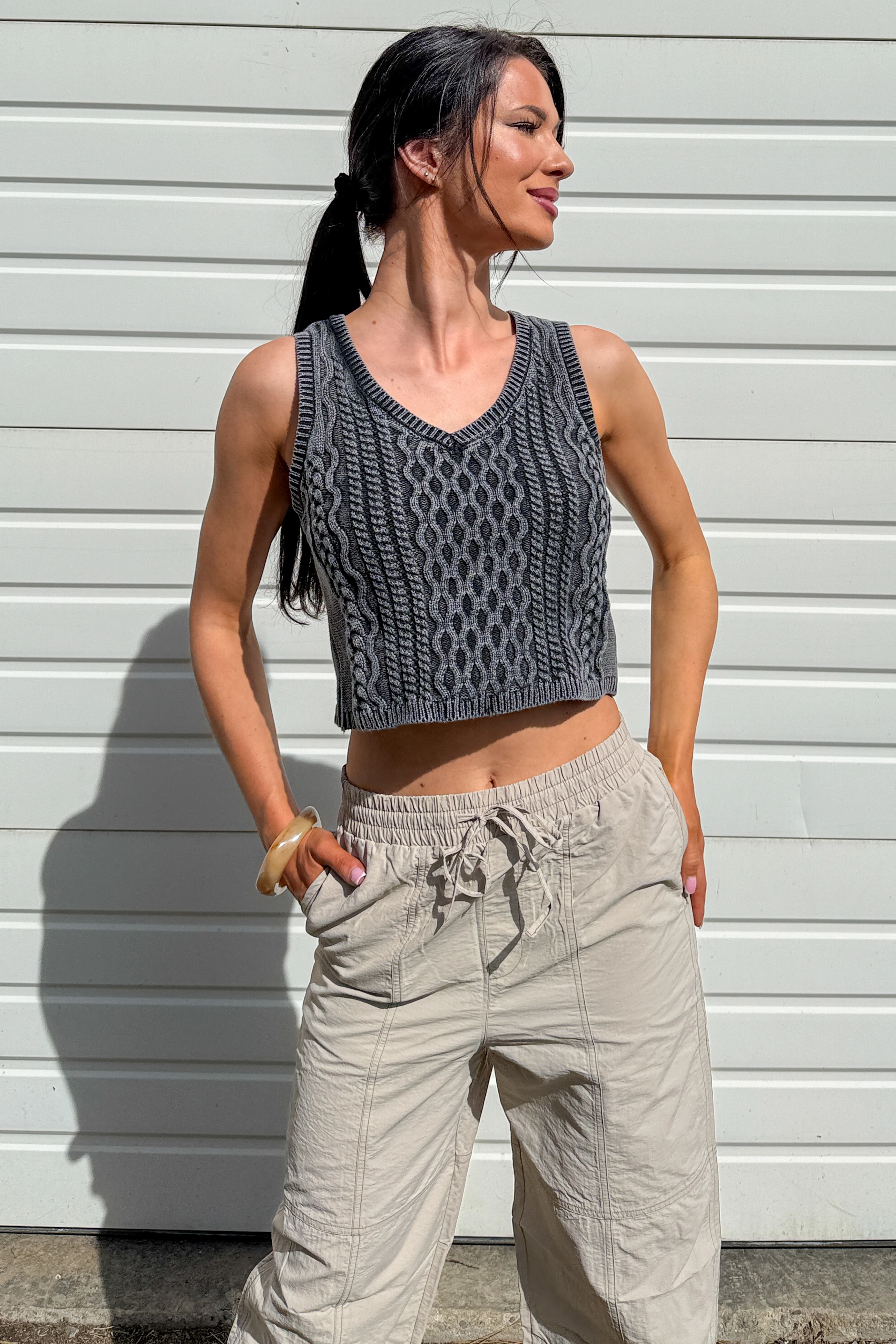 The Comfort Edit Cable Knit Cotton Crop Tank Top (Washed Grey) - Image 4