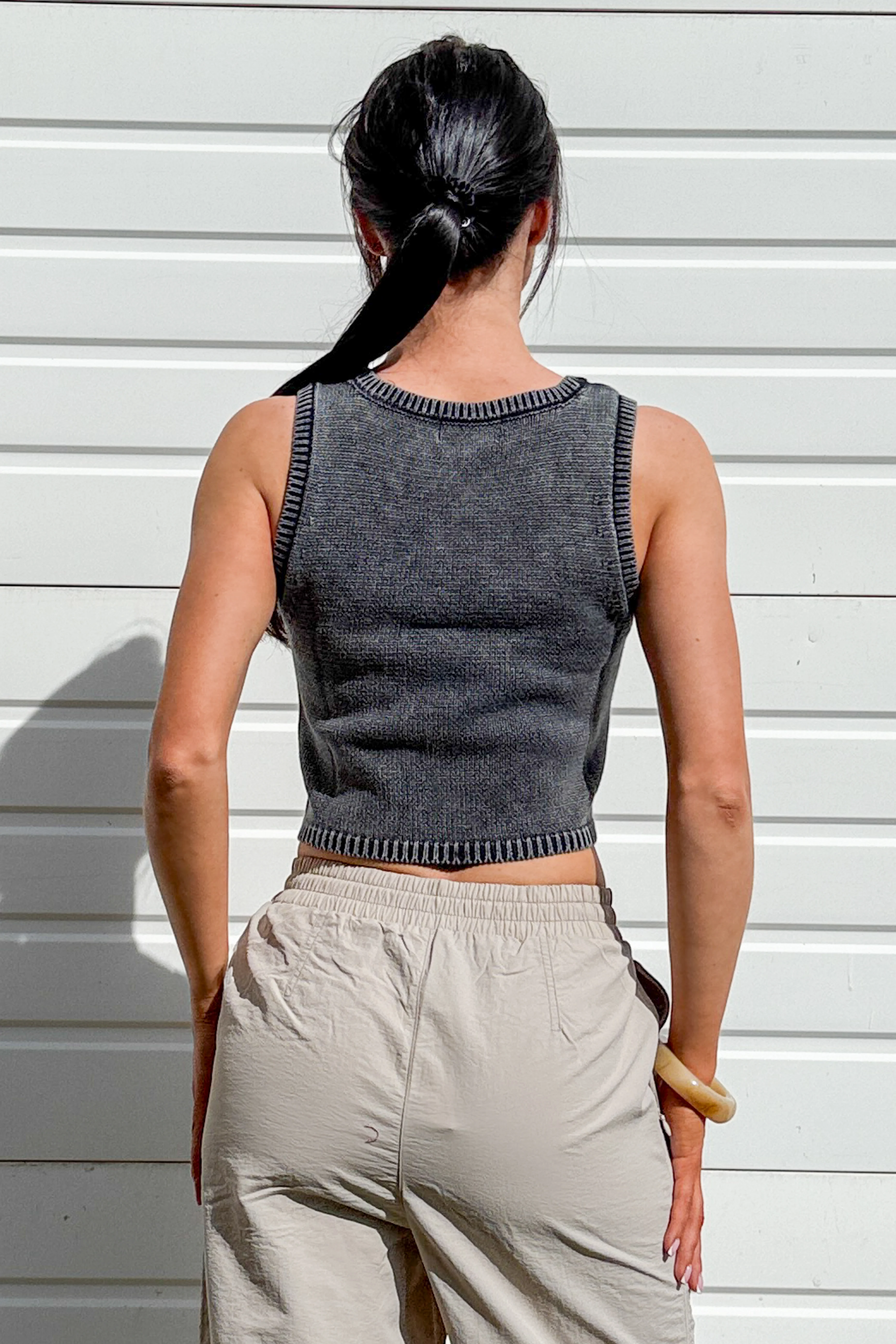 The Comfort Edit Cable Knit Cotton Crop Tank Top (Washed Grey) - Image 6
