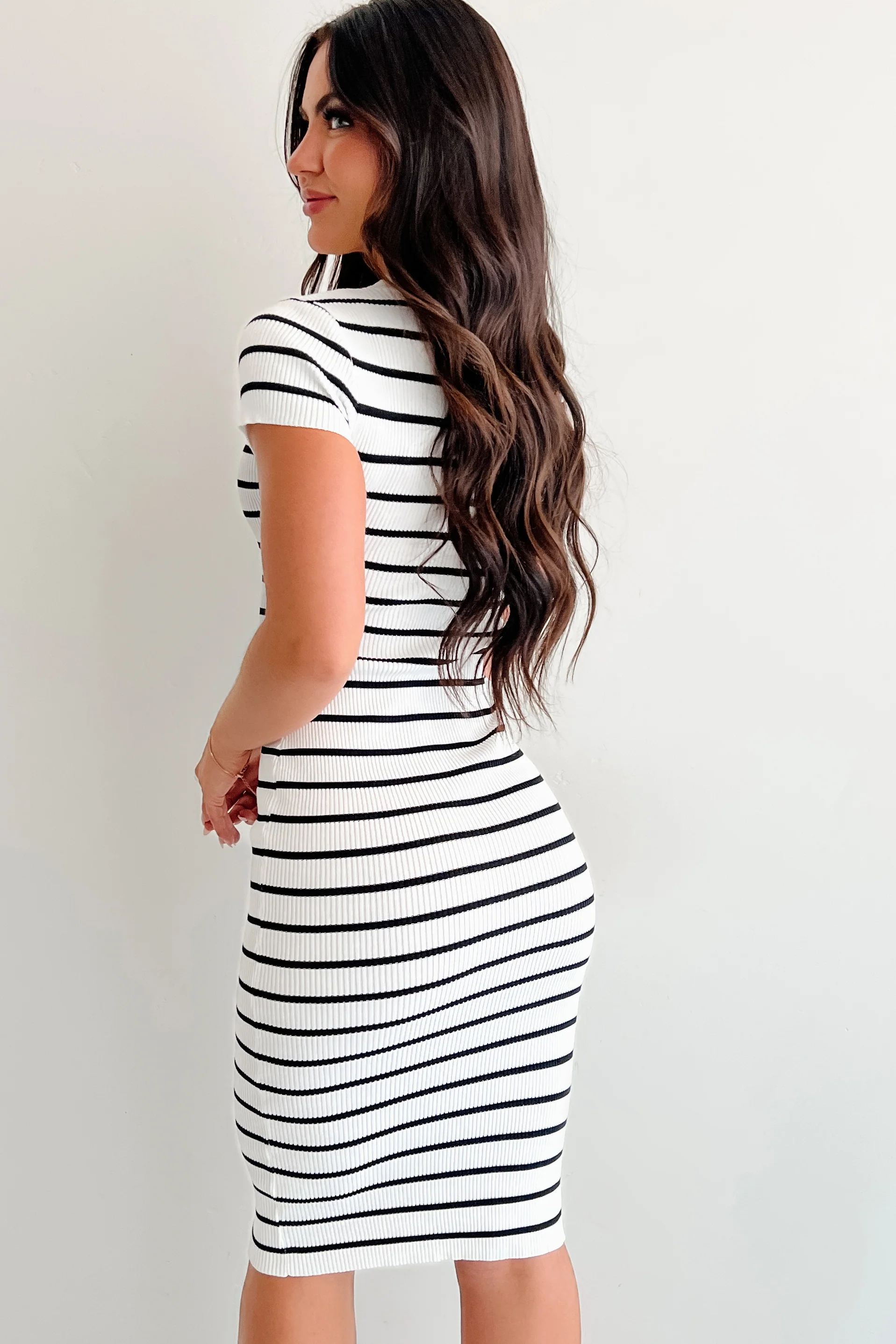 The Real Thing Striped Bodycon Midi Dress (White) - Image 3