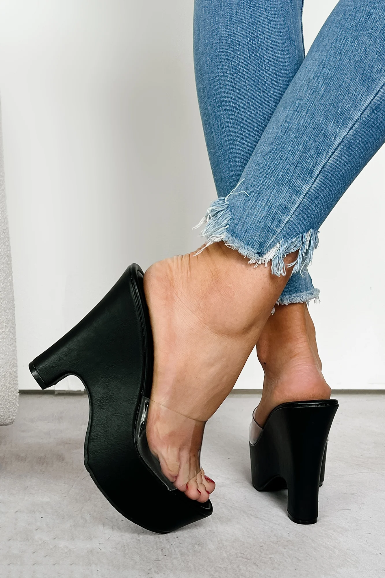 The Renaissance Clear Strap Platform Wedge Sandals (Black) - Image 2