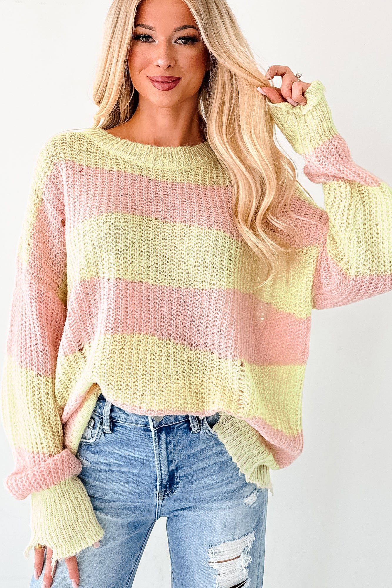 The Soft Life Signature 8 Striped Knit Pullover (Lime/Pink) - Image 3