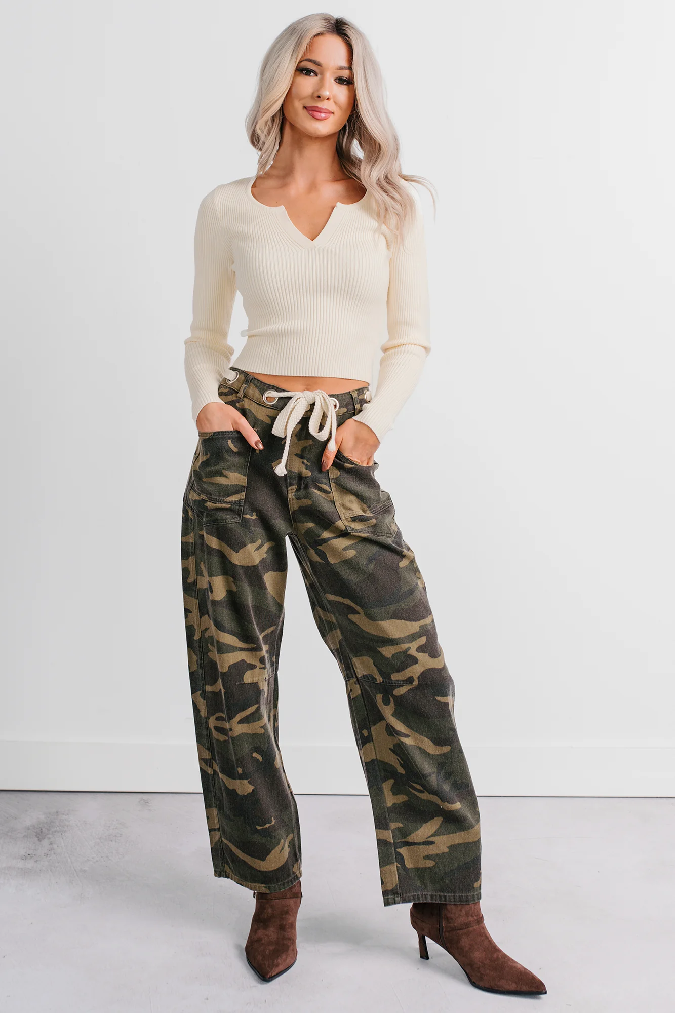 Think Of Me Denim Waist Tie Wide Leg Pants (Camo) - Image 3