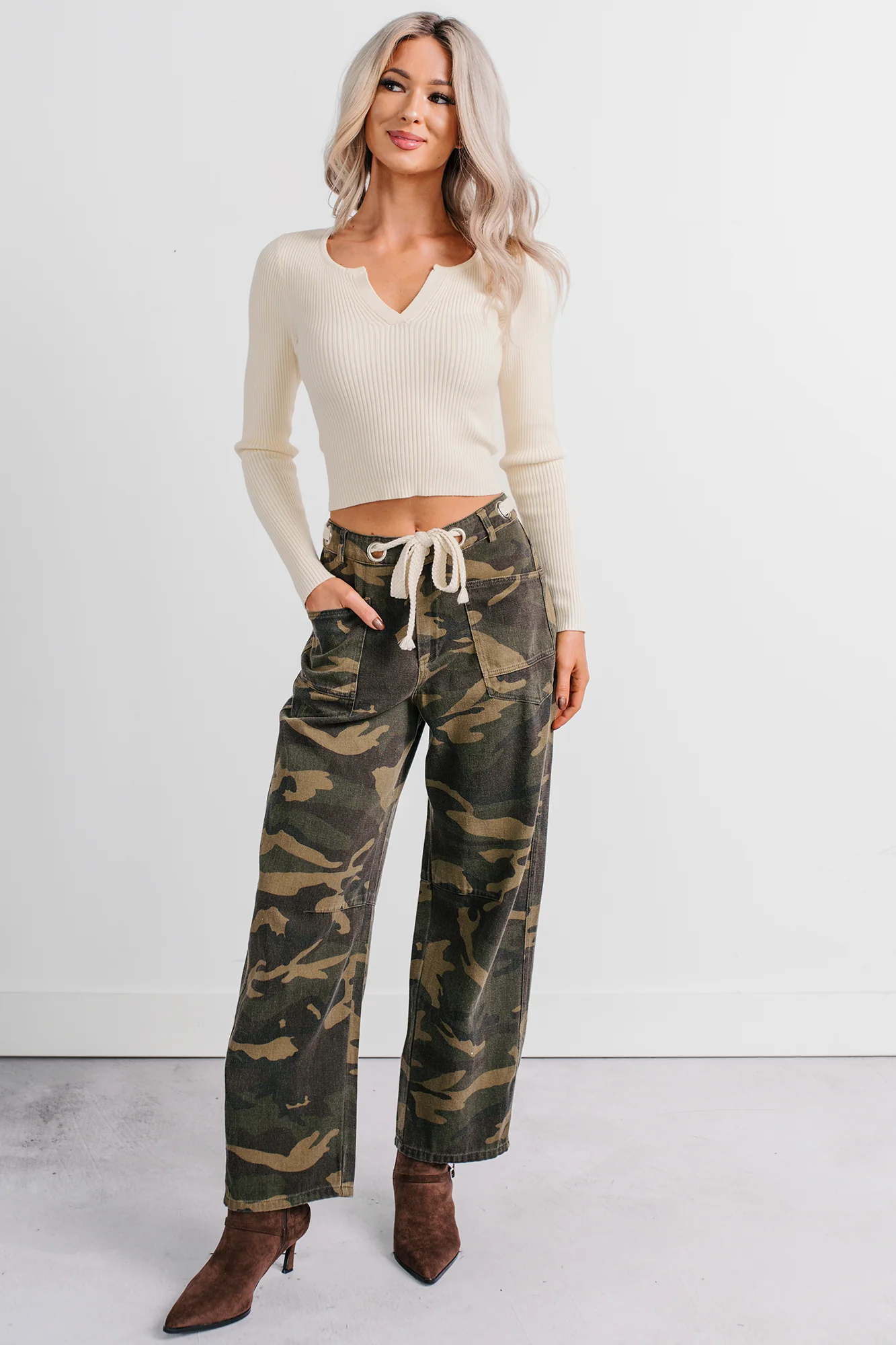 Think Of Me Denim Waist Tie Wide Leg Pants (Camo) - Image 7