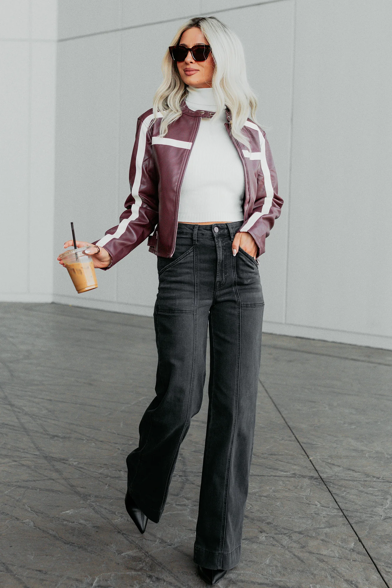 Thrill Seeker Faux Leather Racer Jacket (Burgundy) - Image 2