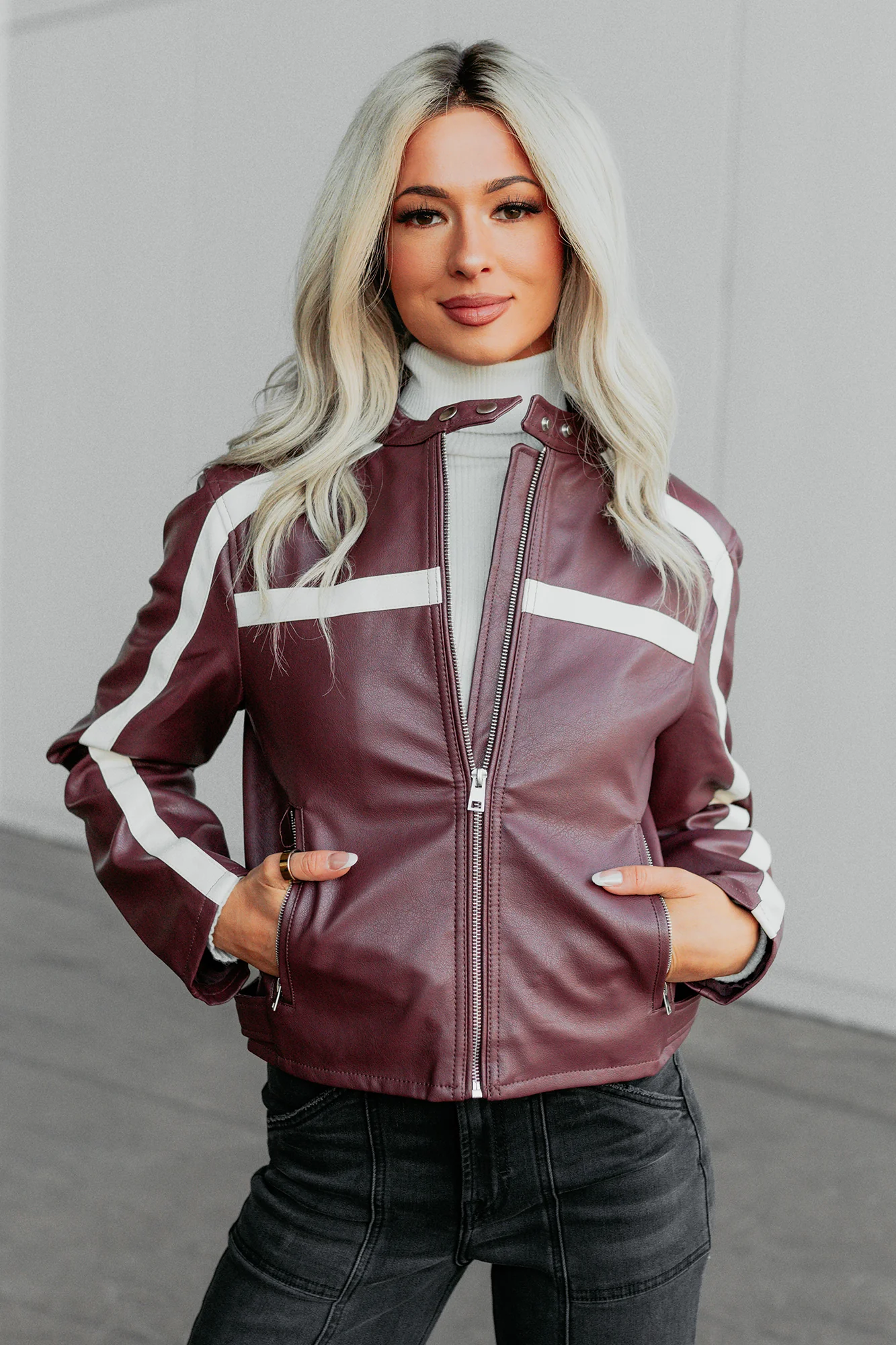 Thrill Seeker Faux Leather Racer Jacket (Burgundy) - Image 3