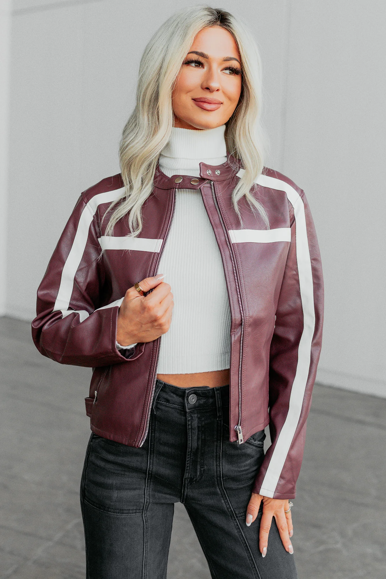 Thrill Seeker Faux Leather Racer Jacket (Burgundy) - Image 4