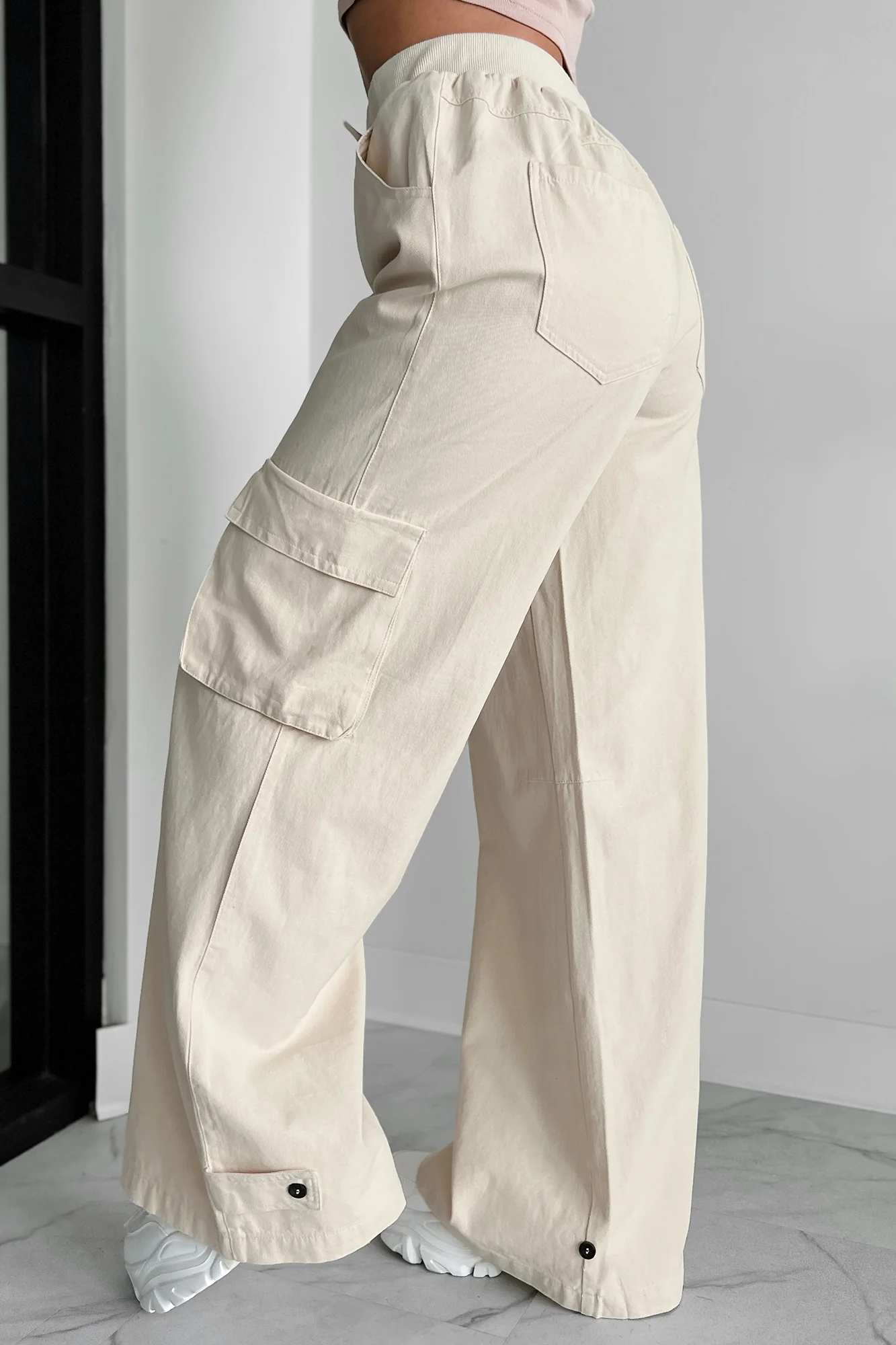 Time Catches Up Wide Leg Cargo Pants (Beige) - Image 3
