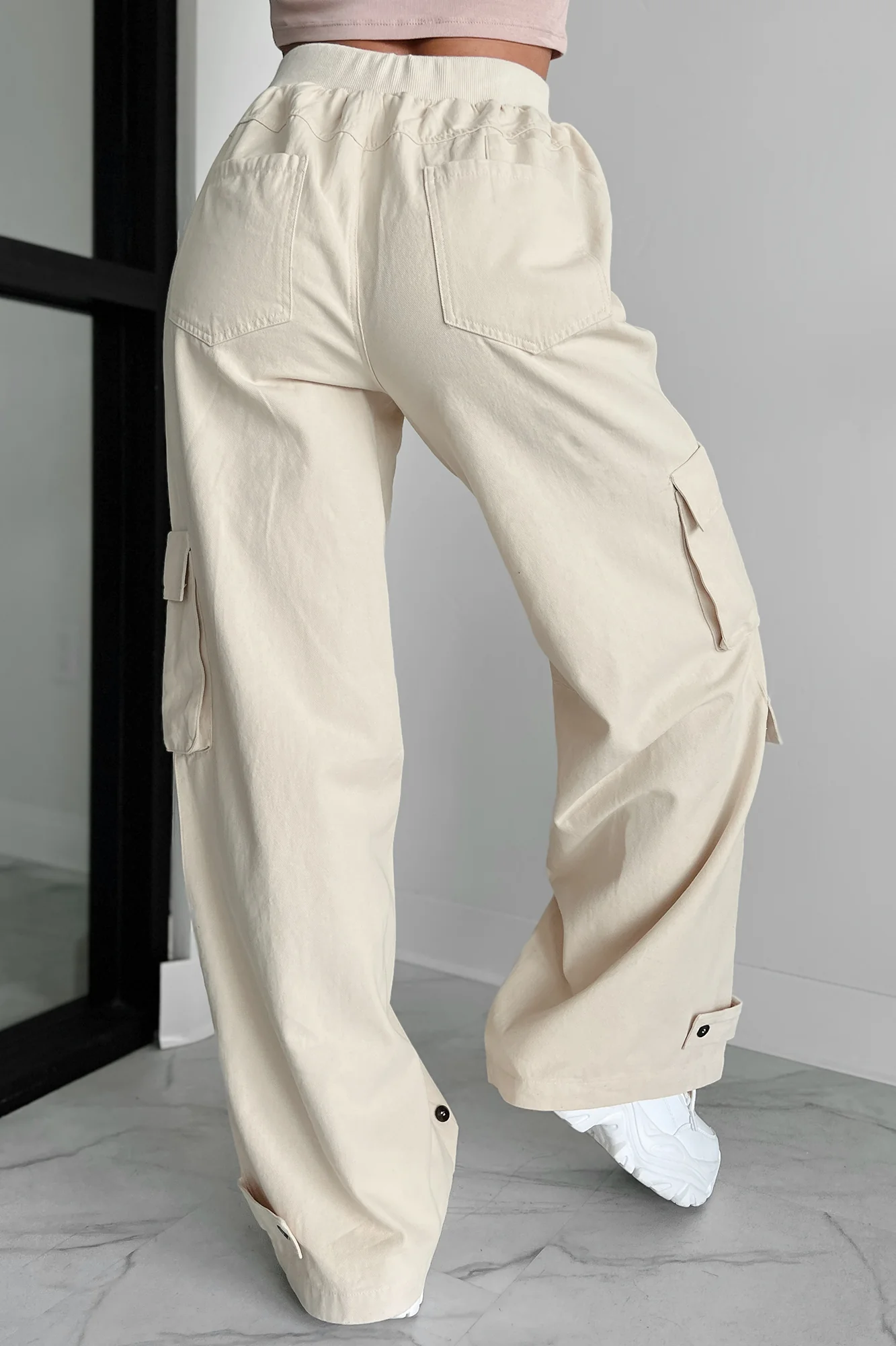 Time Catches Up Wide Leg Cargo Pants (Beige) - Image 4