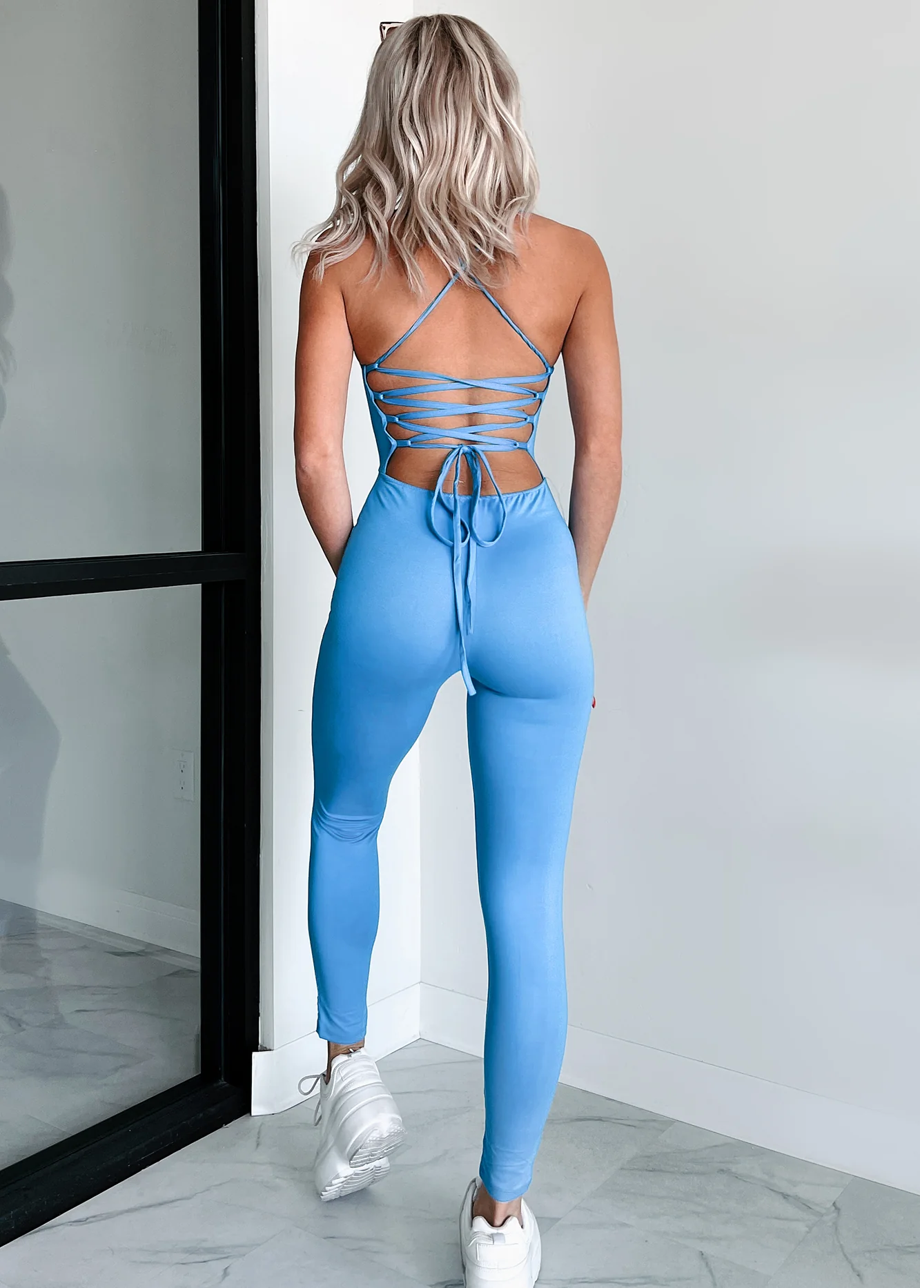Time To Walk Away Lace-Up Back Jumpsuit (Blue) - Image 2