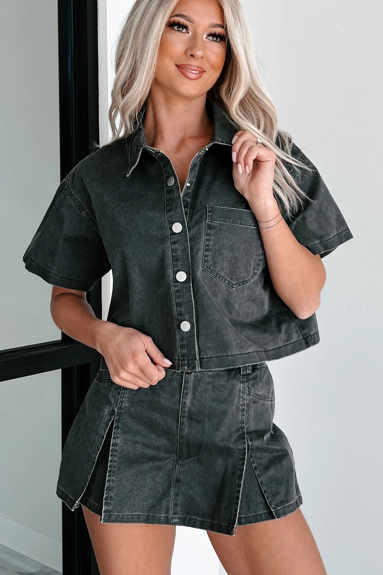 Tory Boxy Denim Button-Up Shirt (Washed Grey) - Image 4