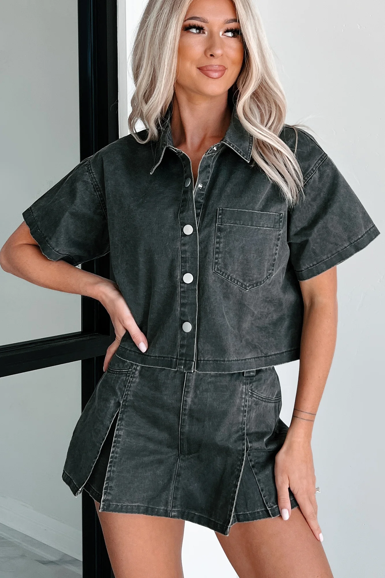 Tory Boxy Denim Button-Up Shirt (Washed Grey) - Image 5