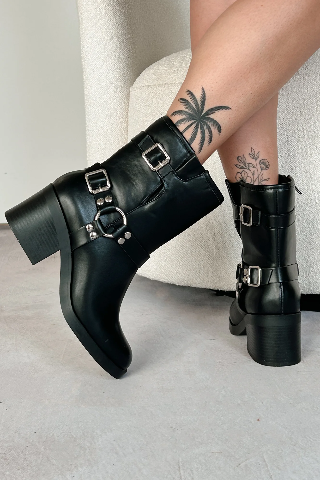 Tough As Nails Buckle Strap Chunky Biker Booties (Black) - Image 2