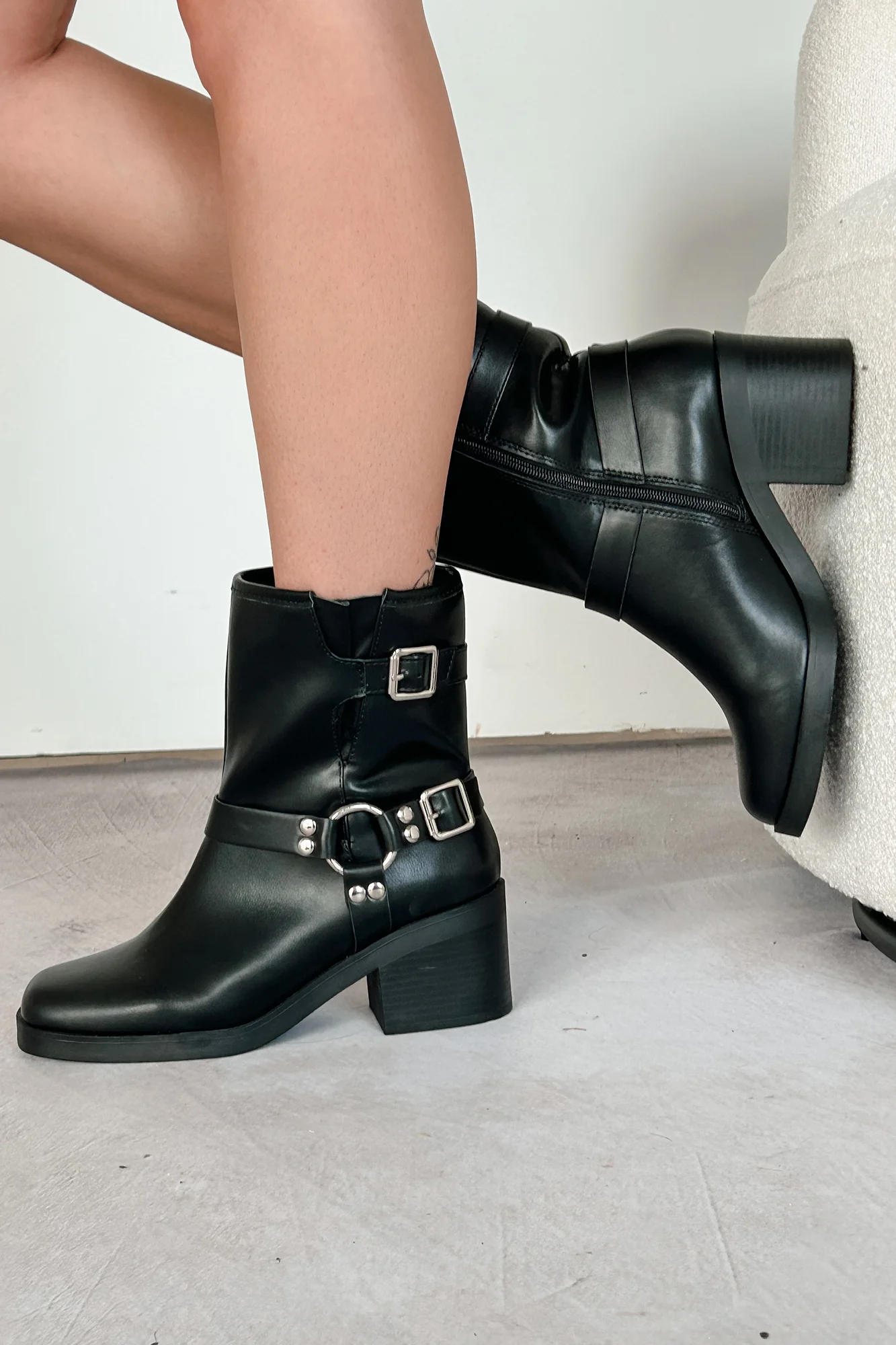 Tough As Nails Buckle Strap Chunky Biker Booties (Black) - Image 3