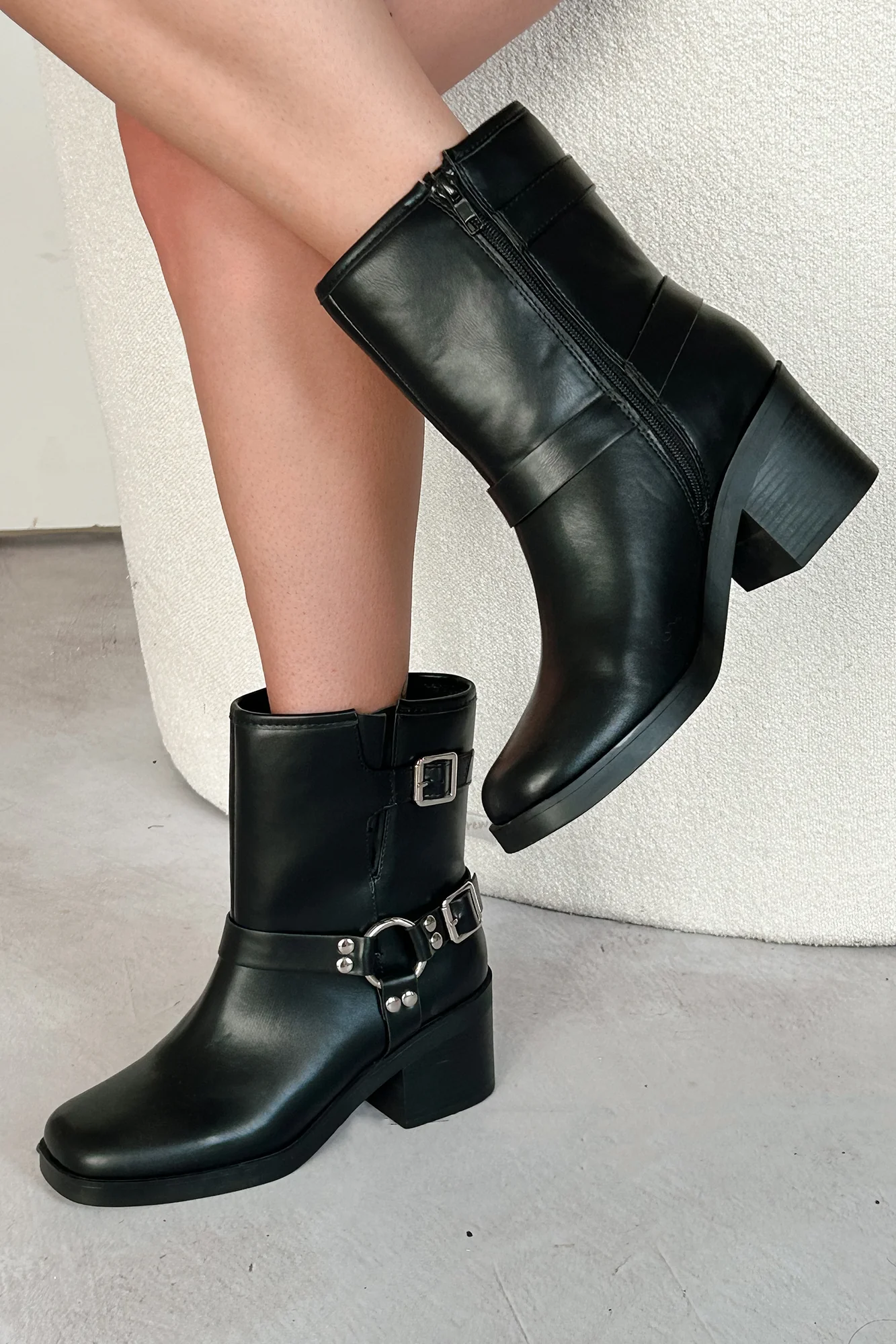 Tough As Nails Buckle Strap Chunky Biker Booties (Black) - Image 4