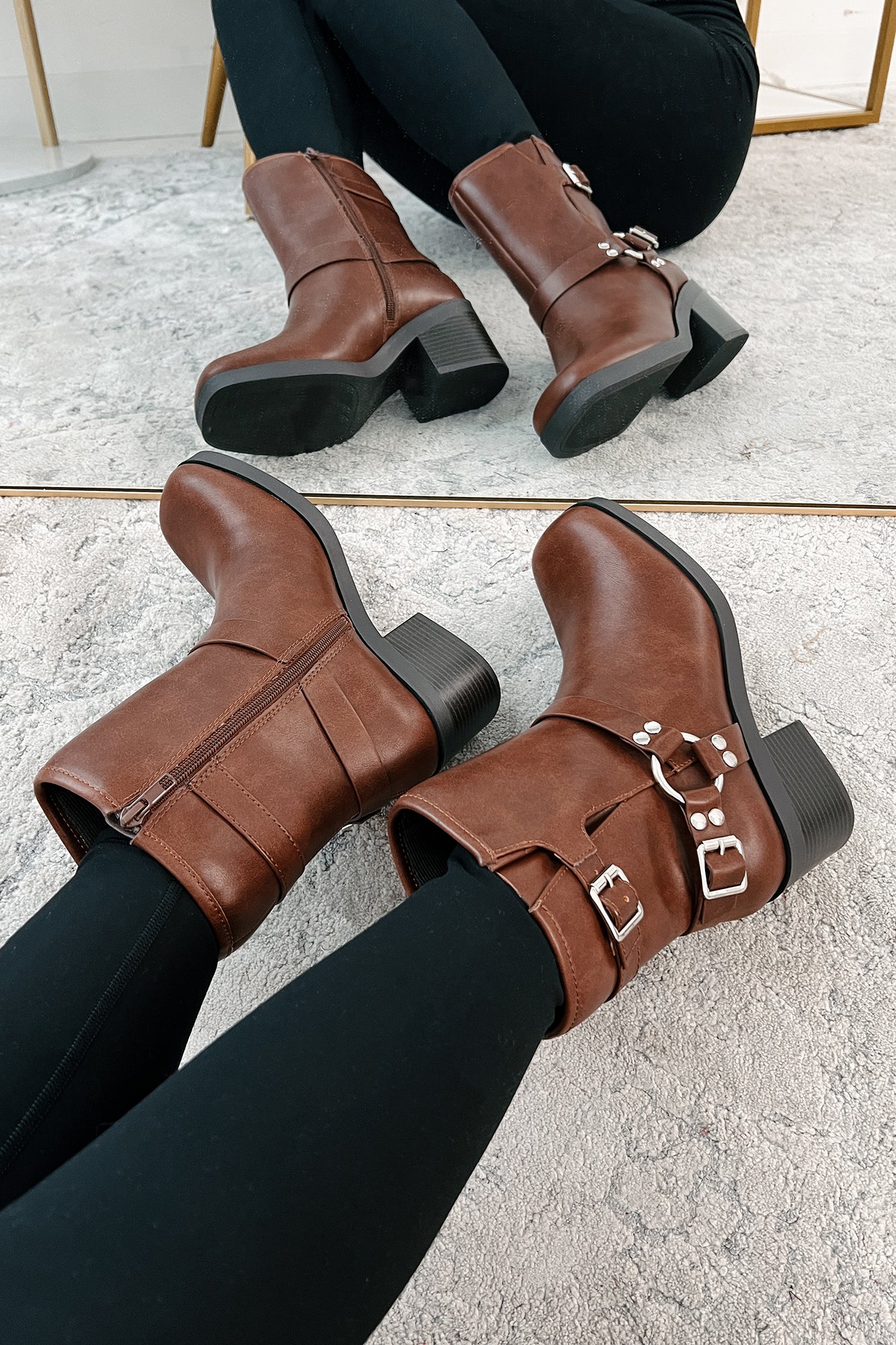 Tough As Nails Buckle Strap Chunky Biker Booties (Brown) - Image 4