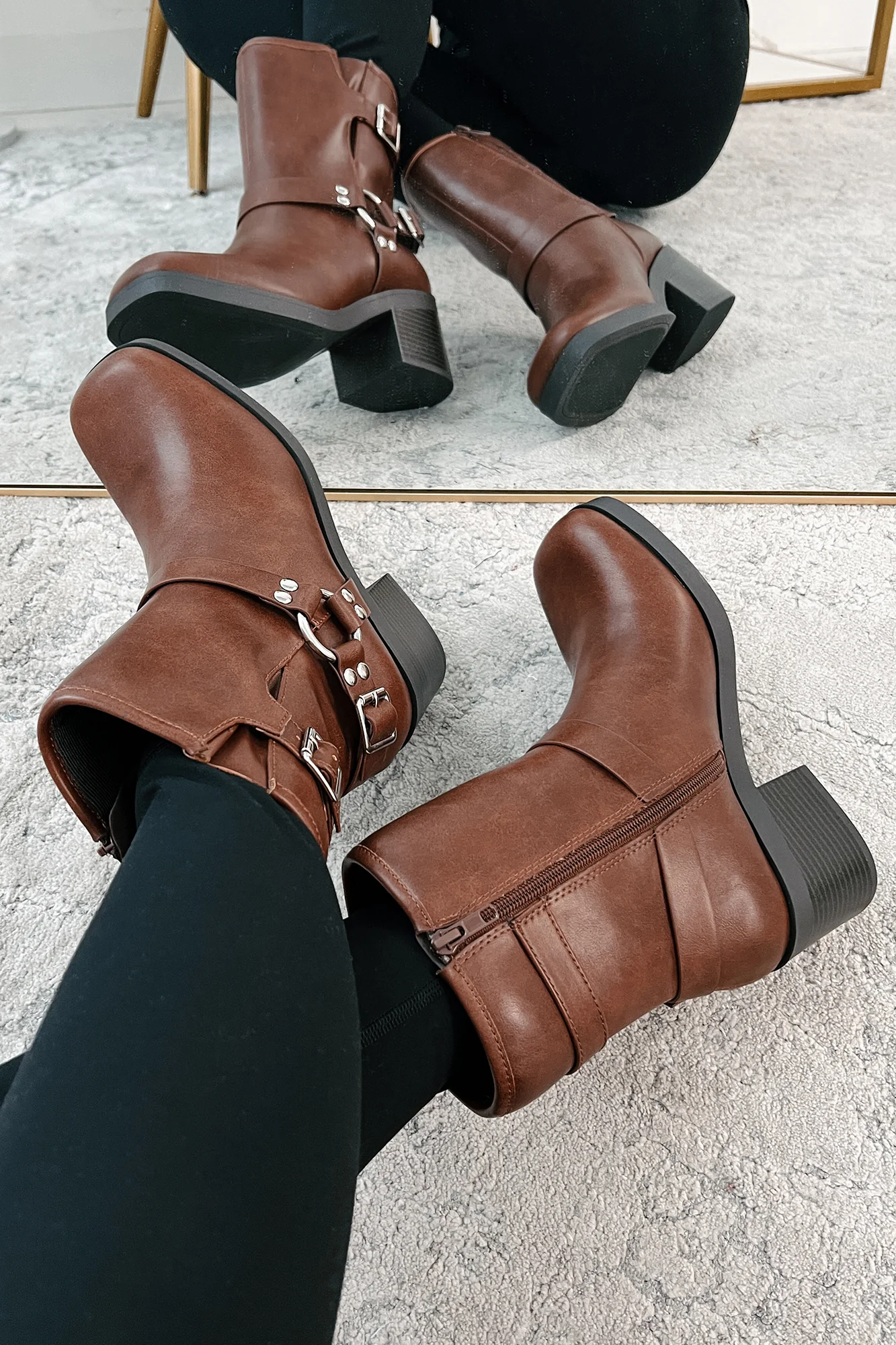 Tough As Nails Buckle Strap Chunky Biker Booties (Brown) - Image 5
